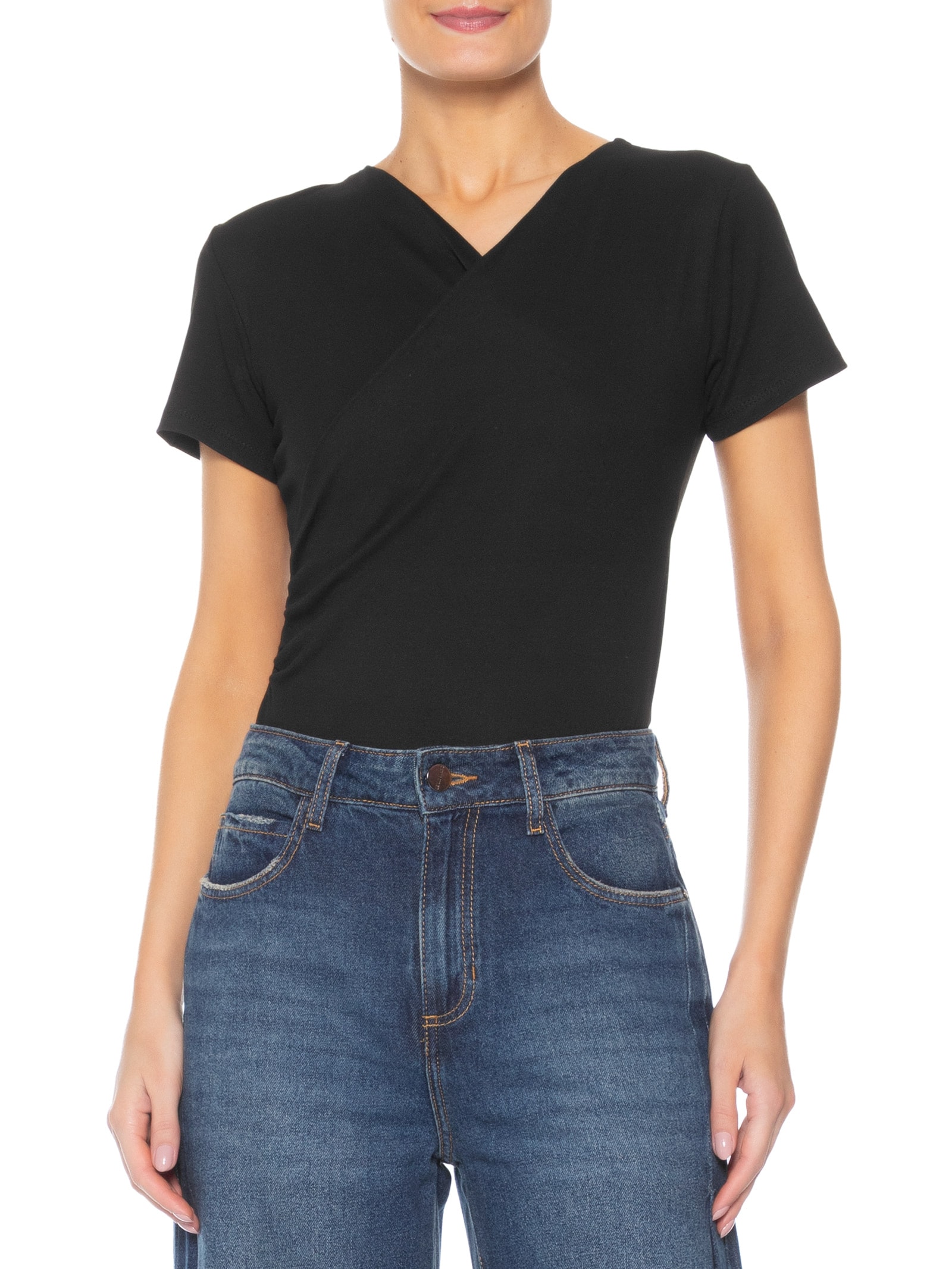 Blusa Feminina Transpassada Manga Curta Preto Basiq