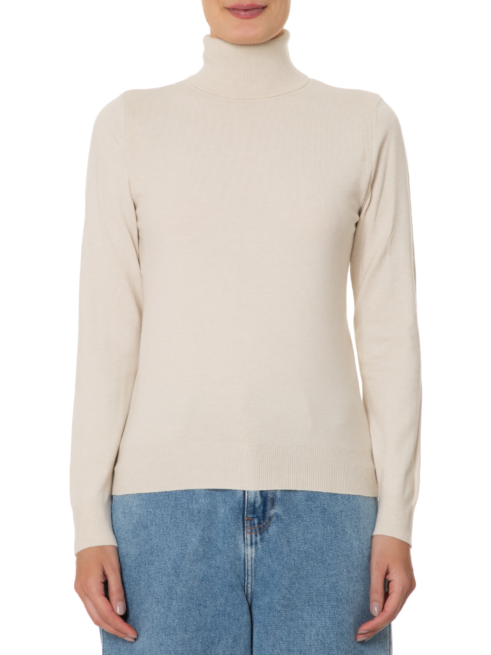 Blusa Feminina Tricot Básica Com Gola Alta  Bege Basiq