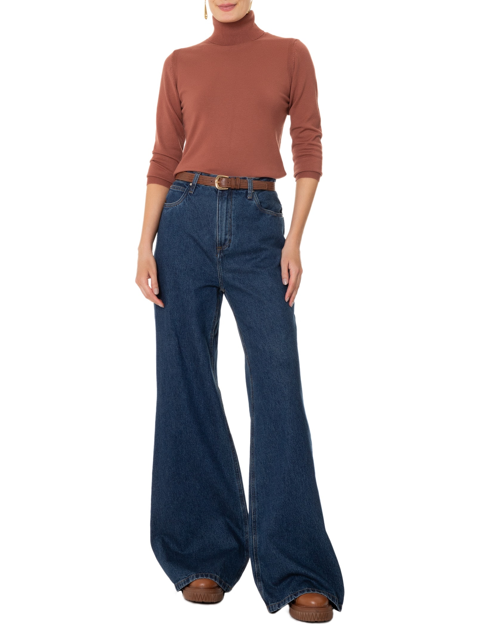 Blusa Feminina Tricot Básica Com Gola Alta  Marrom  Basiq