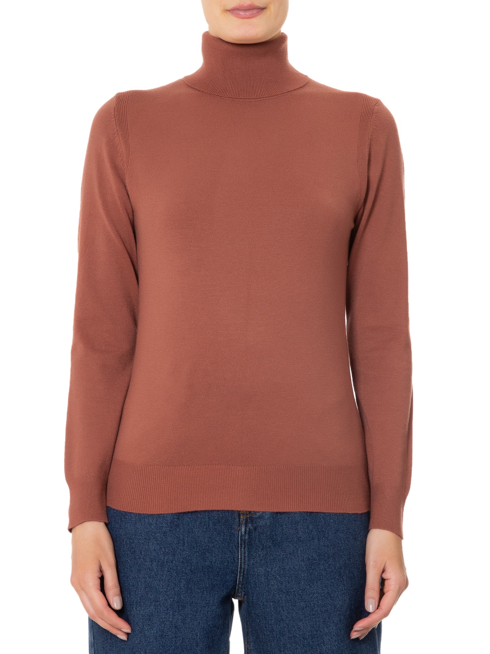 Blusa Feminina Tricot Básica Com Gola Alta  Marrom  Basiq