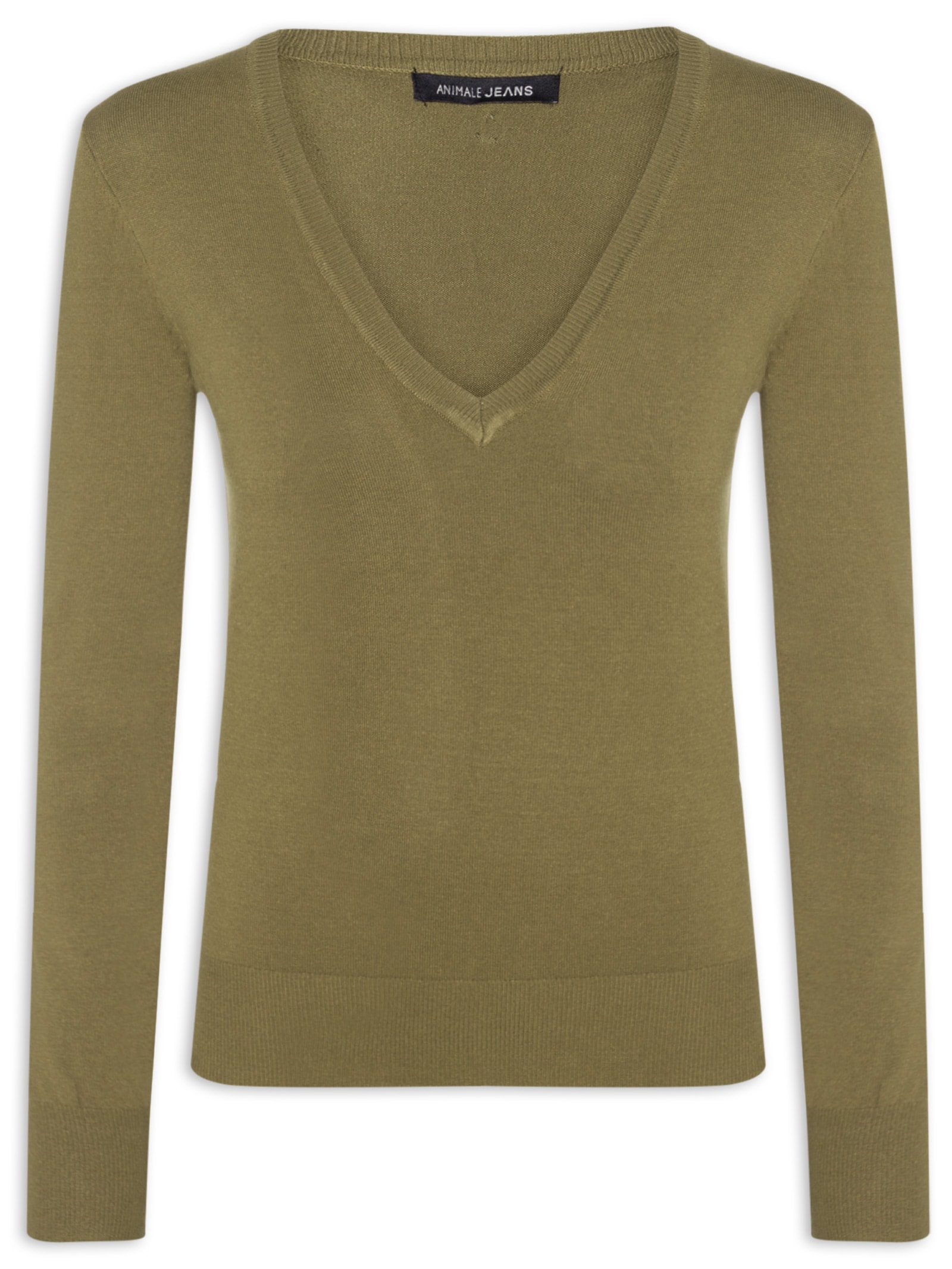Blusa Feminina Tricot Básica Decote V Verde Animale Jeans