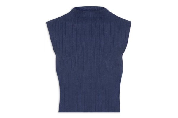 Blusa Feminina Tricot Canelada Sem Manga - Azul