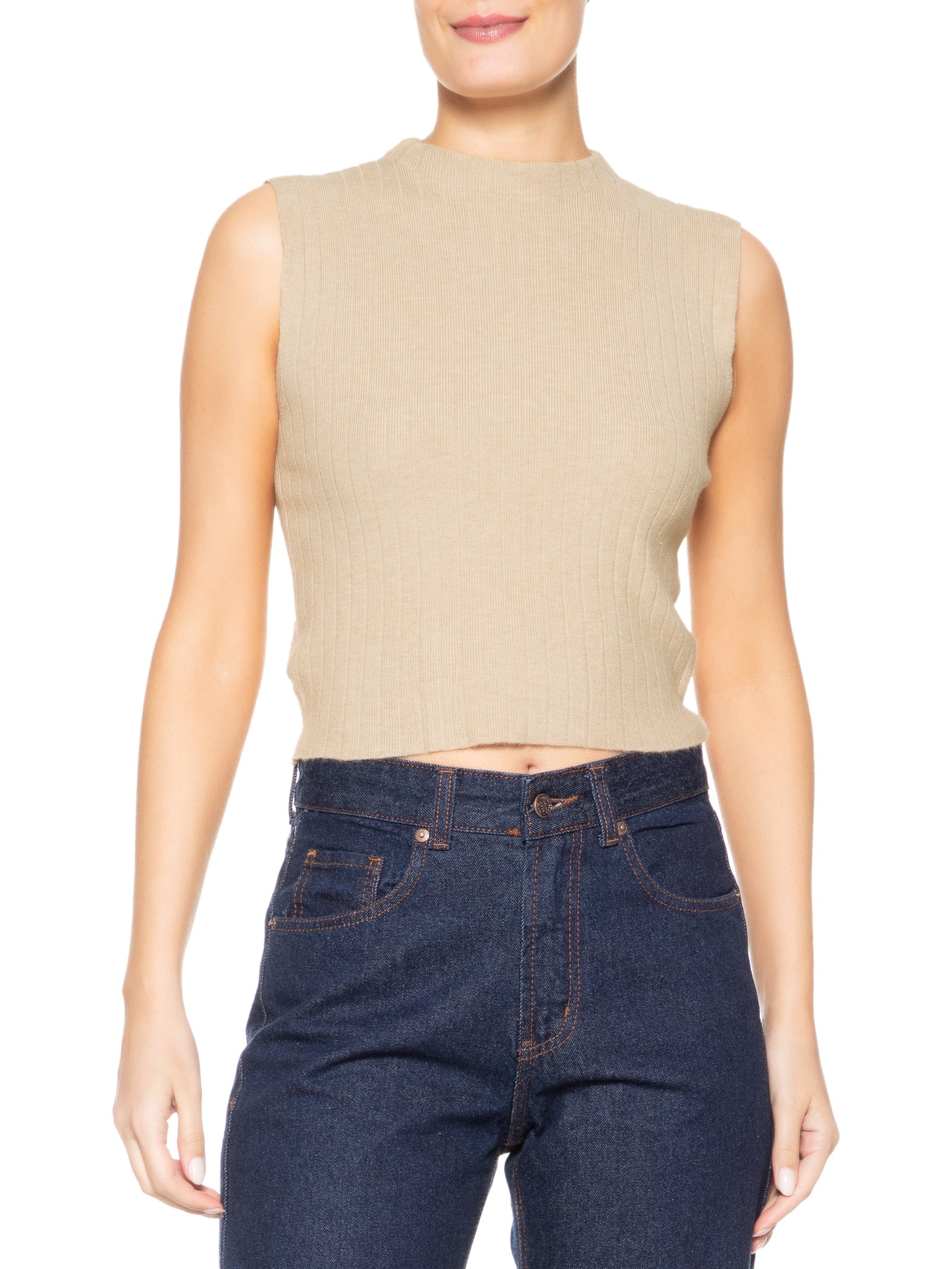 Blusa Feminina Tricot Canelada Sem Manga Bege Basiq