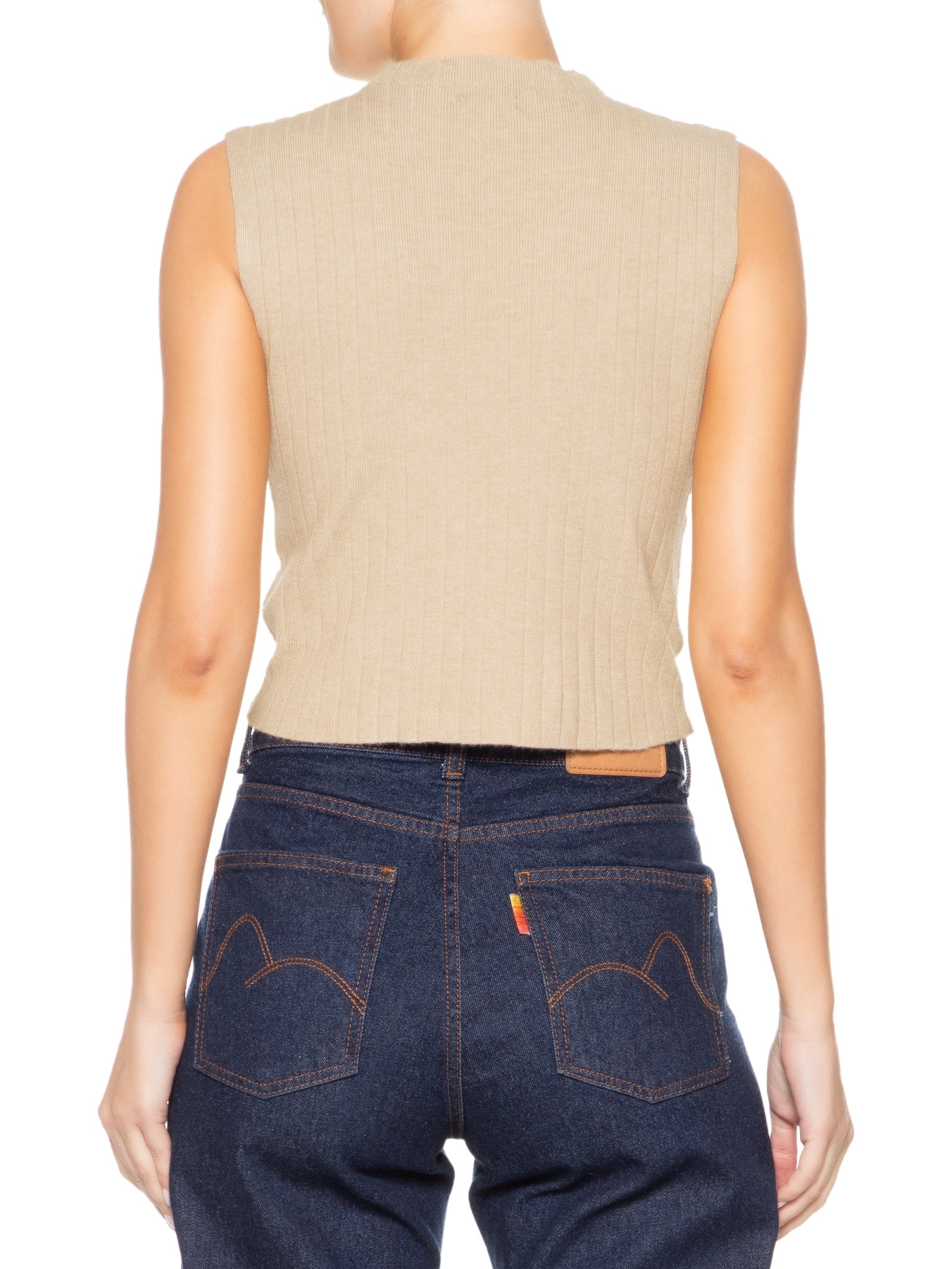 Blusa Feminina Tricot Canelada Sem Manga Bege Basiq