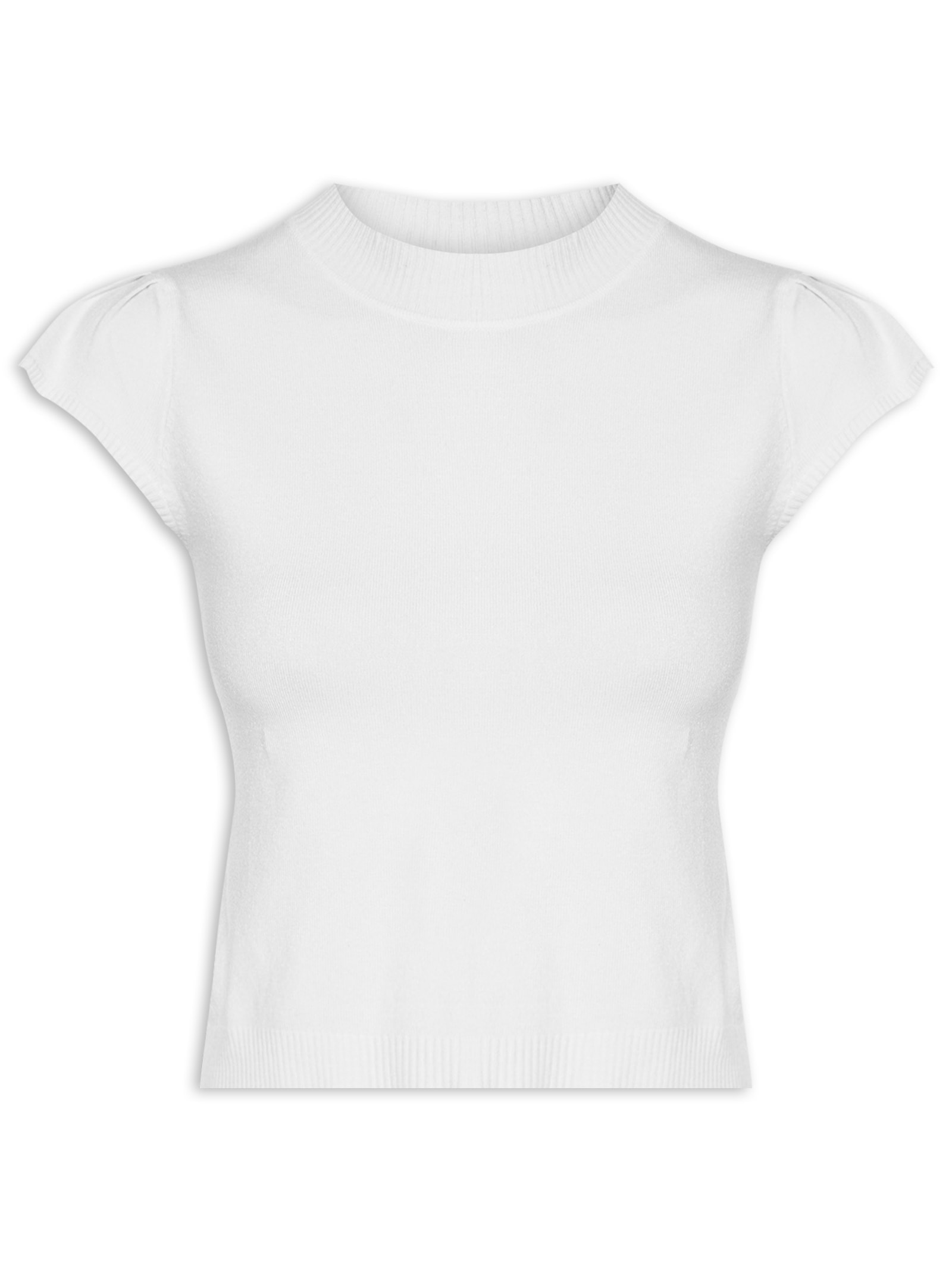 Blusa Feminina Tricot com Manga Curta Gola Alta Branco Basiq