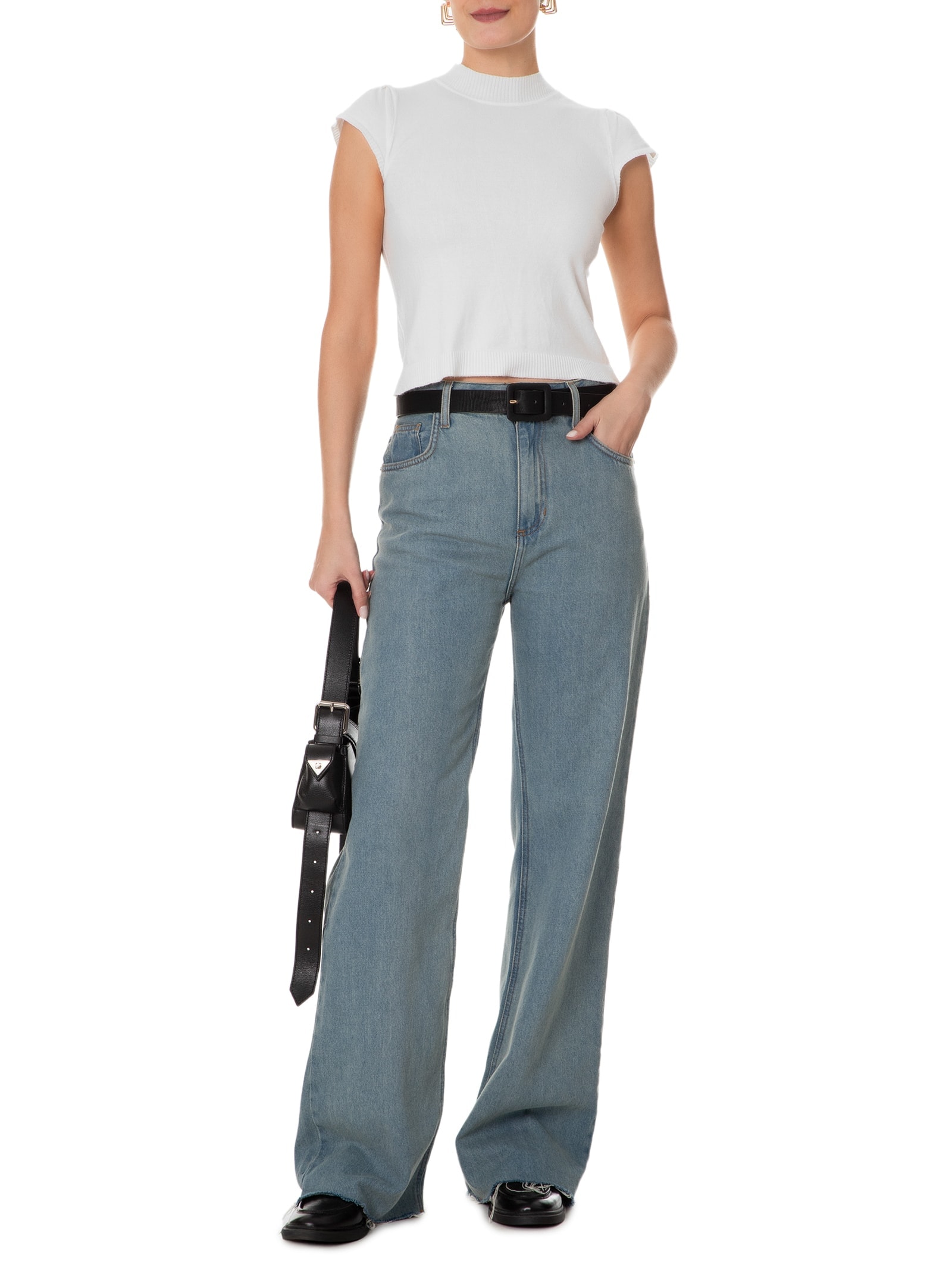 Blusa Feminina Tricot com Manga Curta Gola Alta Branco Basiq