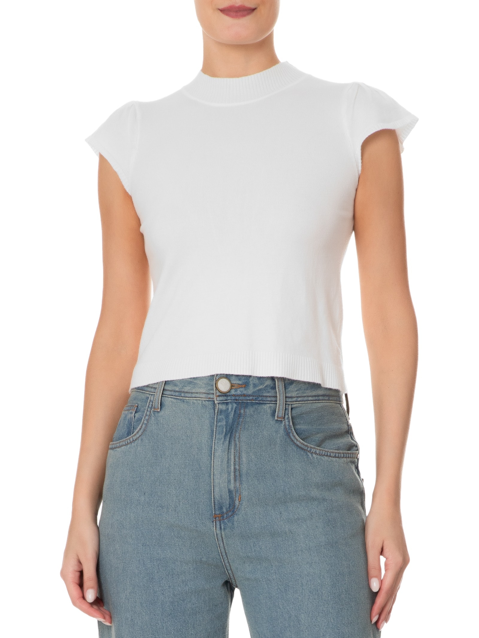 Blusa Feminina Tricot com Manga Curta Gola Alta Branco Basiq