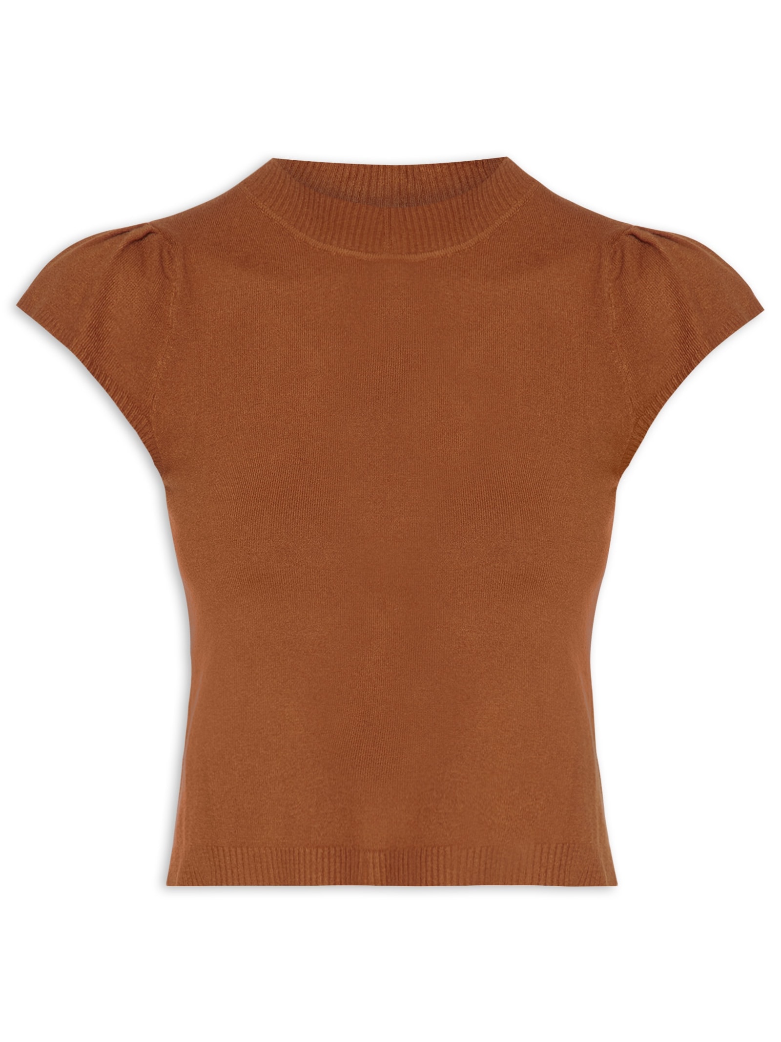 Blusa Feminina Tricot com Manga Curta Gola Alta Laranja Basiq