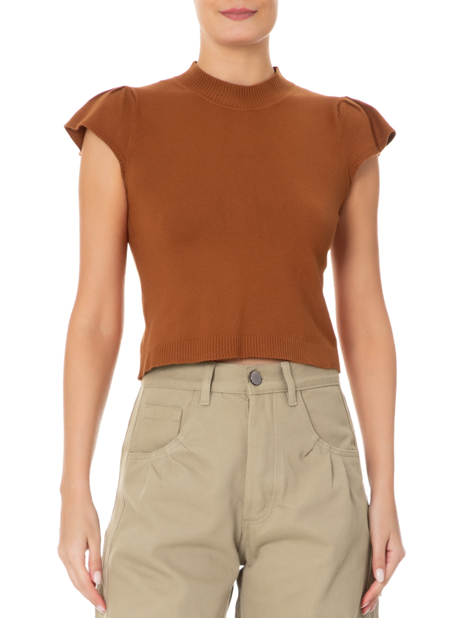 Blusa Feminina Tricot com Manga Curta Gola Alta Laranja Basiq