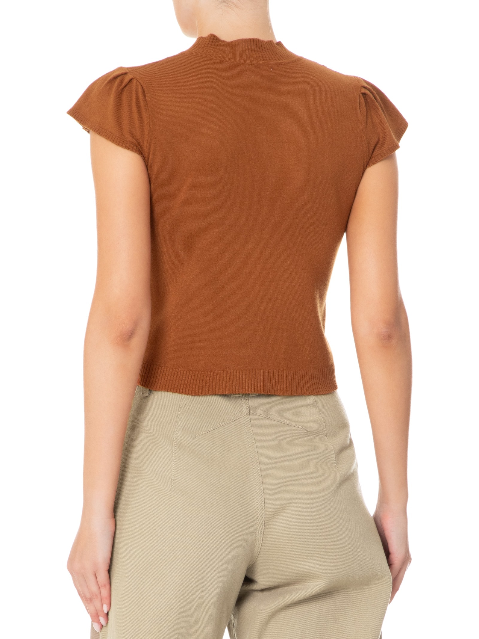 Blusa Feminina Tricot com Manga Curta Gola Alta Laranja Basiq