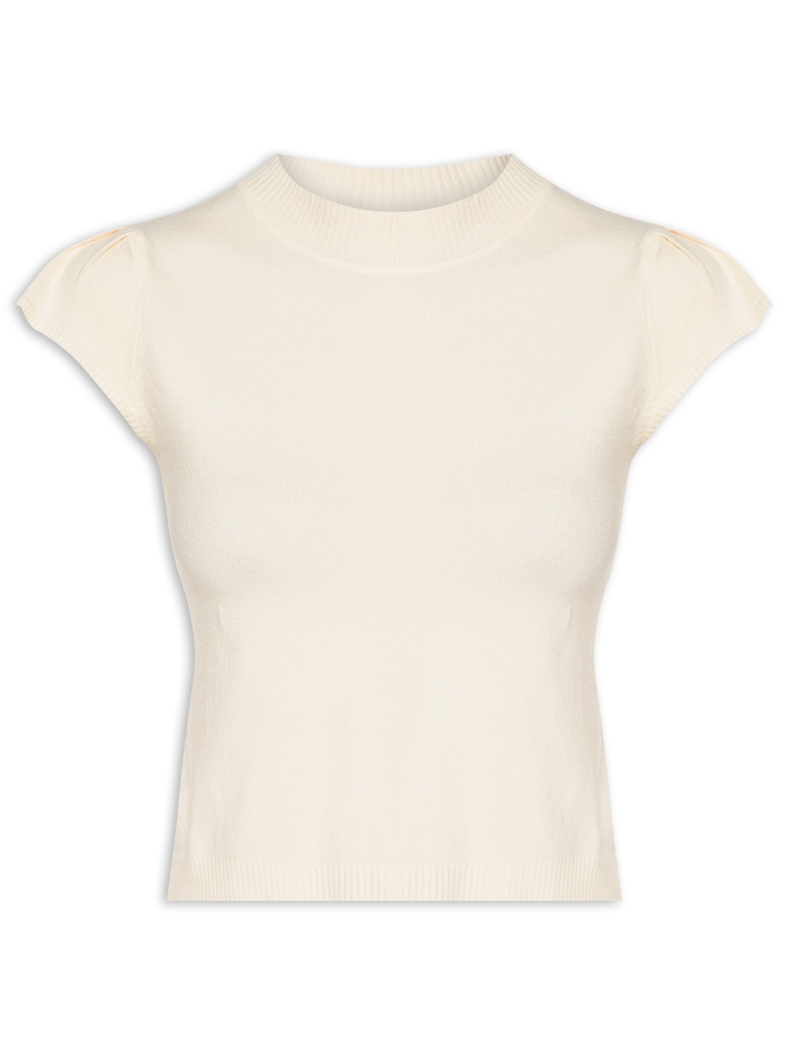 Blusa Feminina Tricot com Manga Curta Gola Alta Off White Basiq