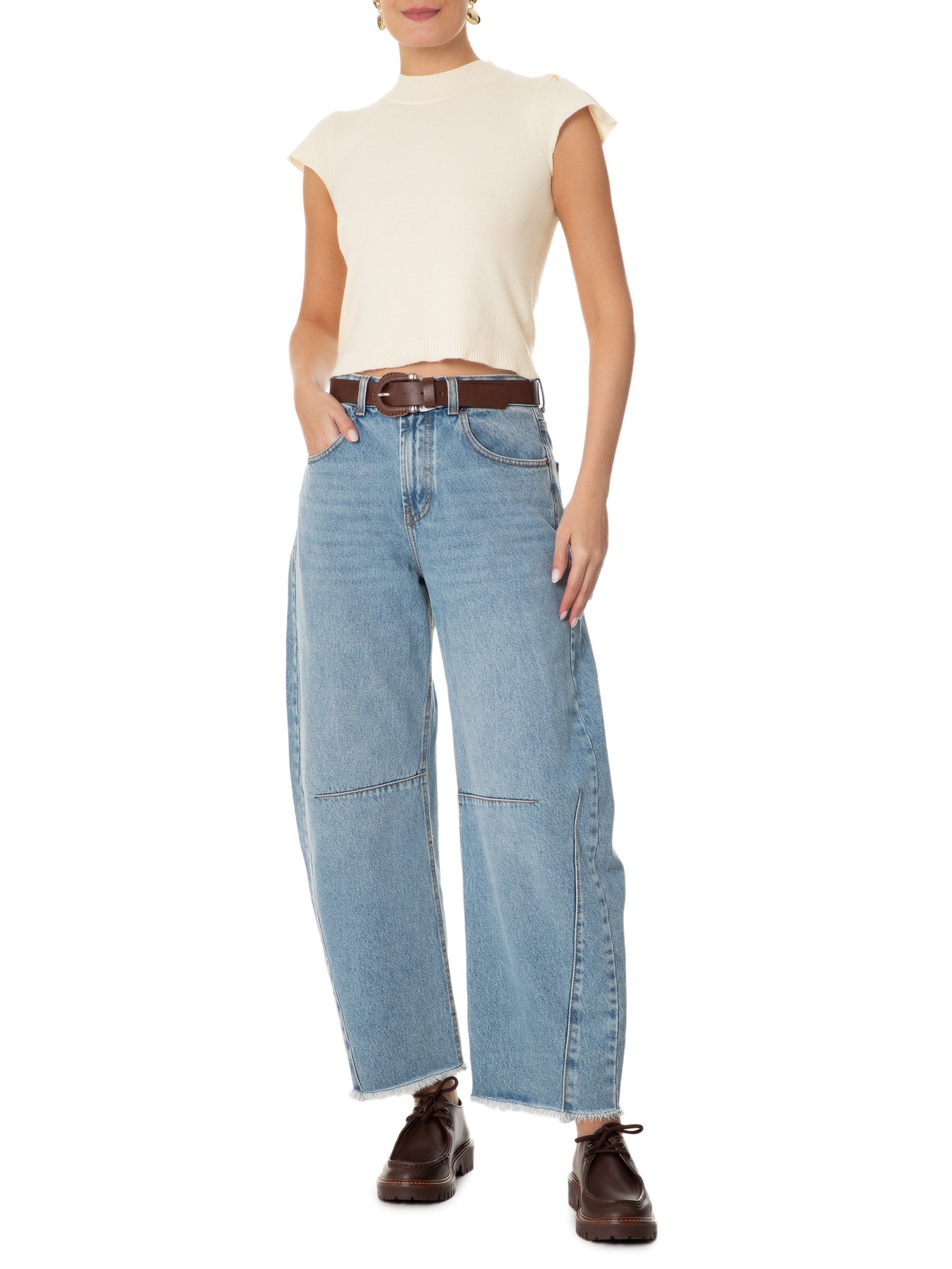 Blusa Feminina Tricot com Manga Curta Gola Alta Off White Basiq