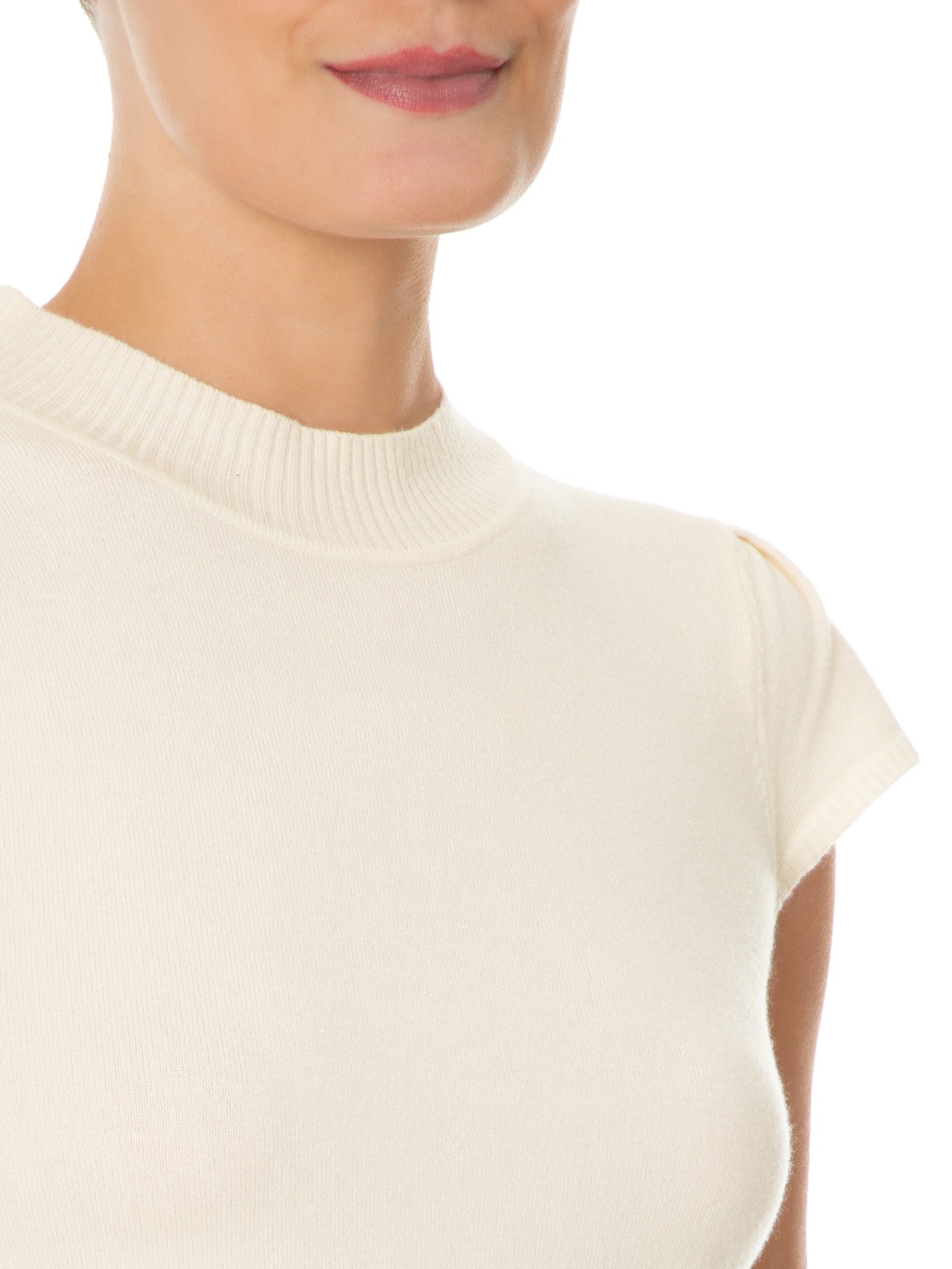Blusa Feminina Tricot com Manga Curta Gola Alta Off White Basiq