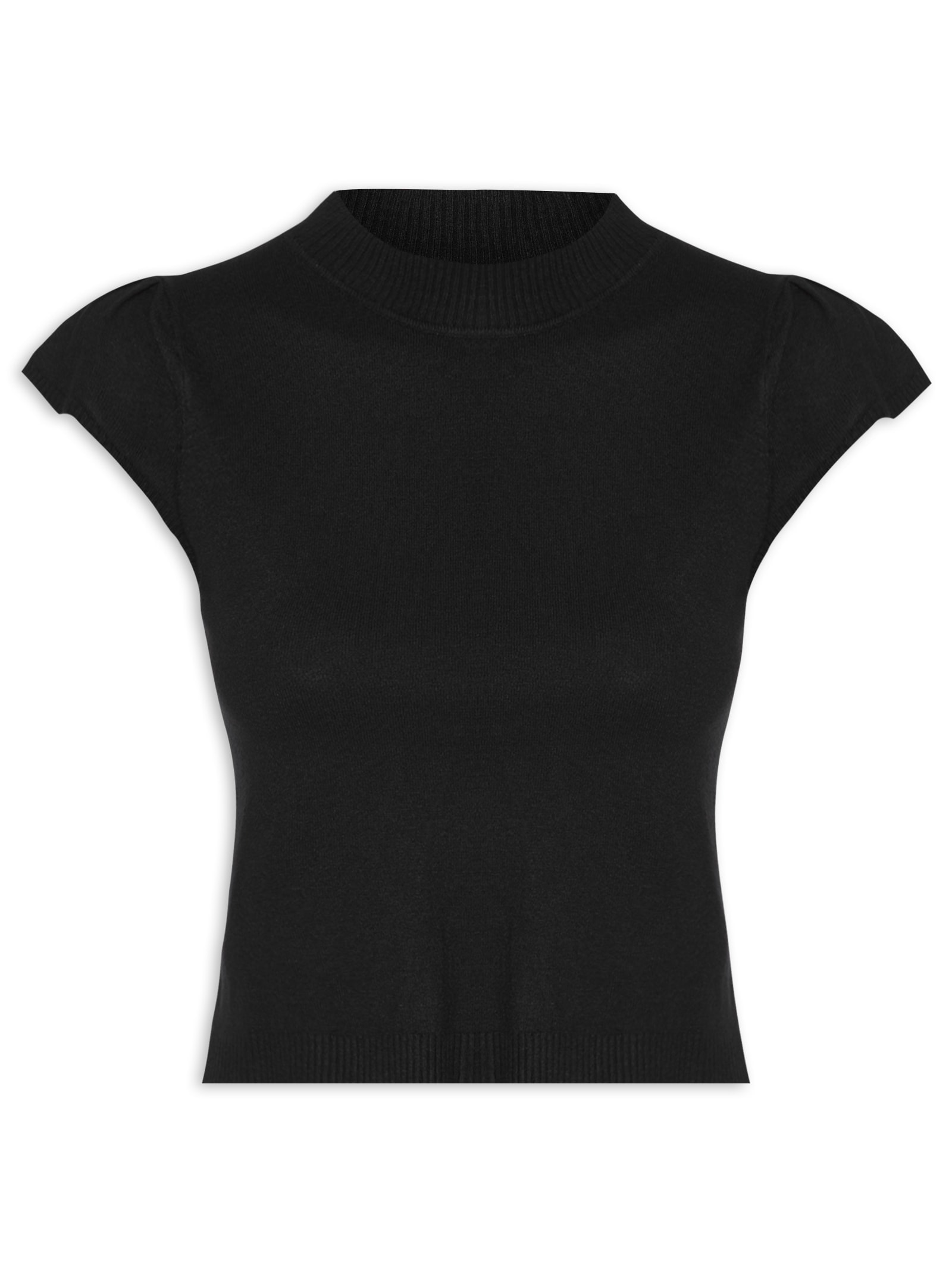 Blusa Feminina Tricot com Manga Curta Gola Alta Preto Basiq