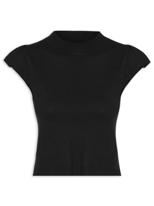 Blusa Feminina Tricot com Manga Curta Gola Alta – Preto