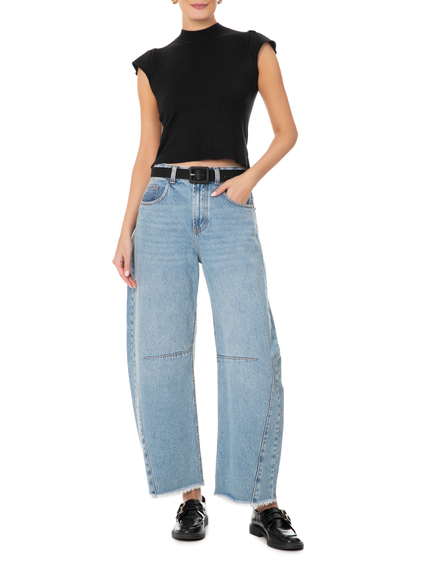 Blusa Feminina Tricot com Manga Curta Gola Alta Preto Basiq