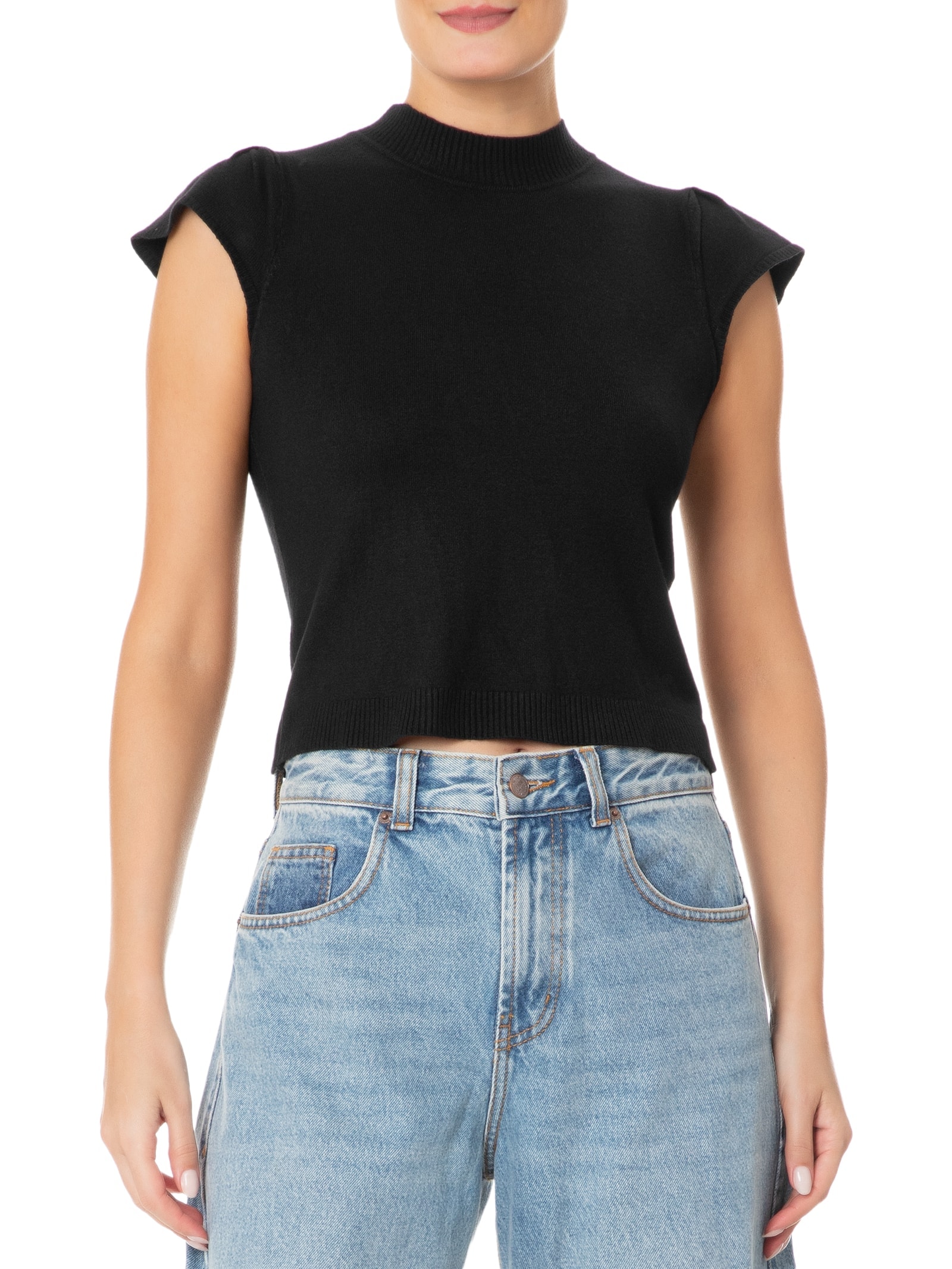 Blusa Feminina Tricot com Manga Curta Gola Alta Preto Basiq