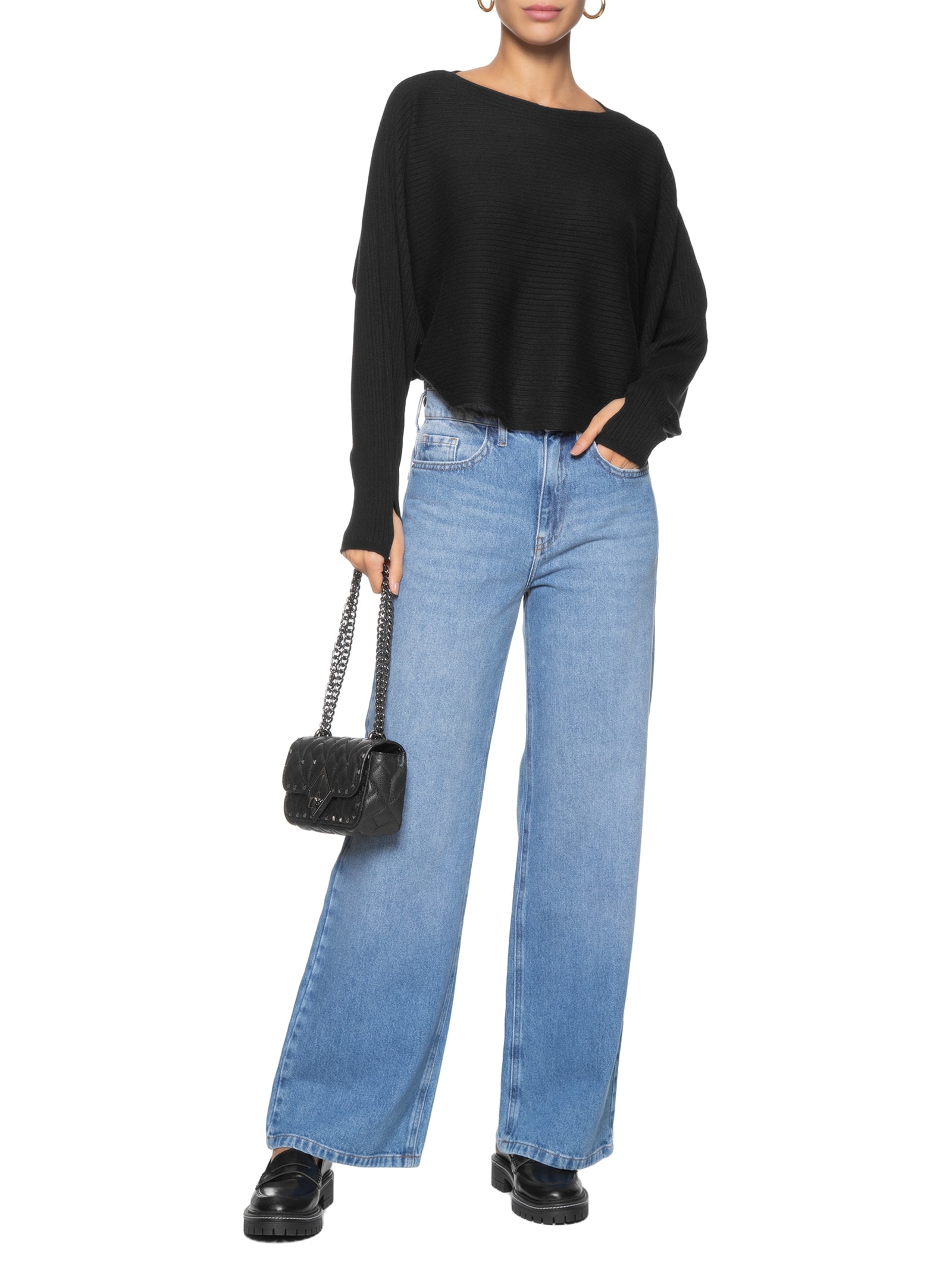 Blusa Feminina Tricot Com Manga Morcego Preto Market 33