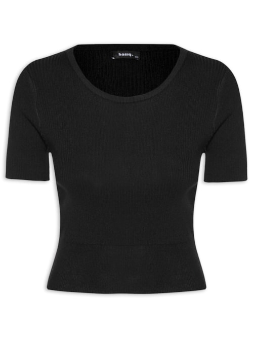 Blusa Feminina Tricot Cropped Manga Curta - Preto