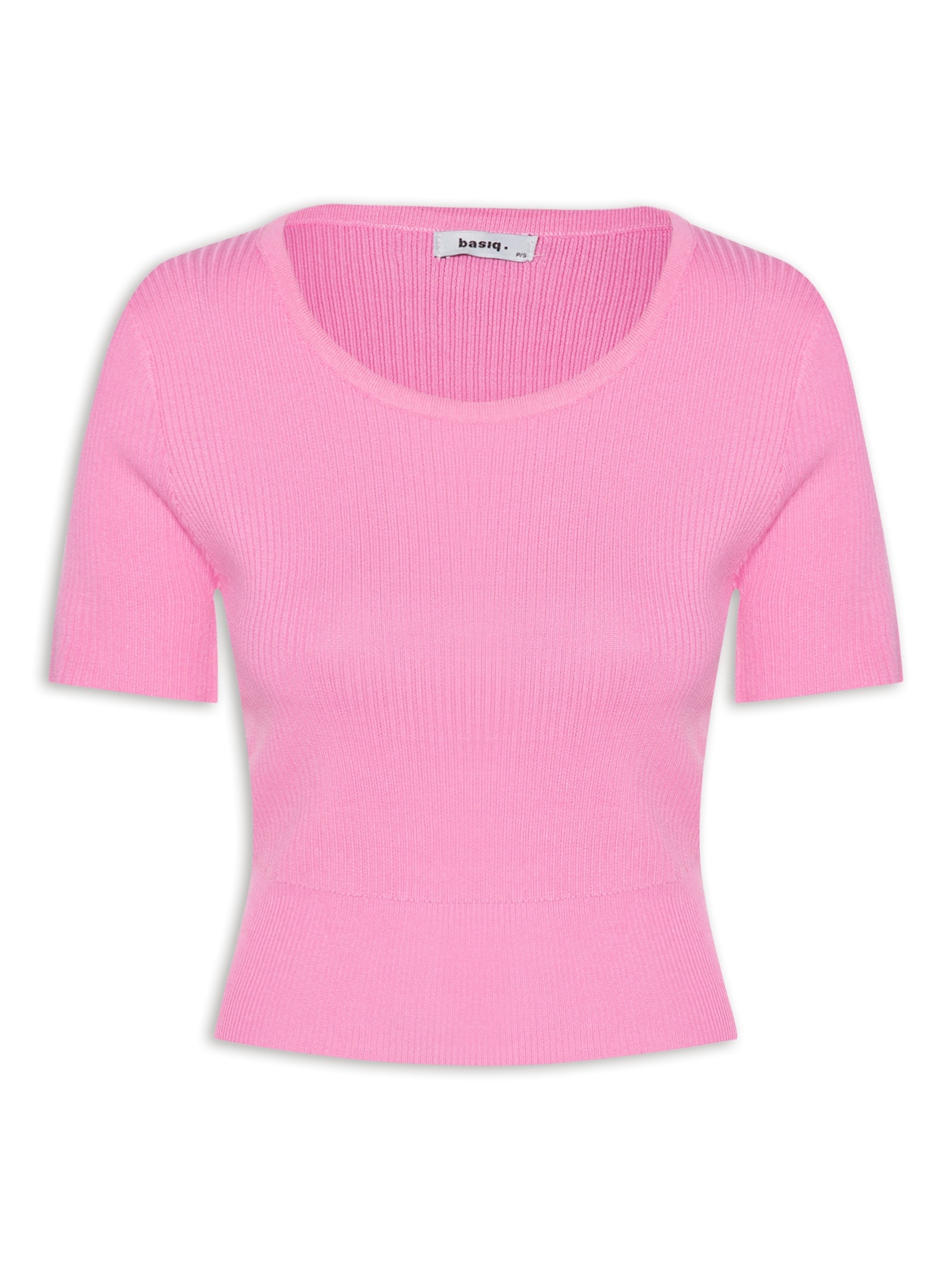 Blusa Feminina Tricot Cropped Manga Curta Rosa Basiq