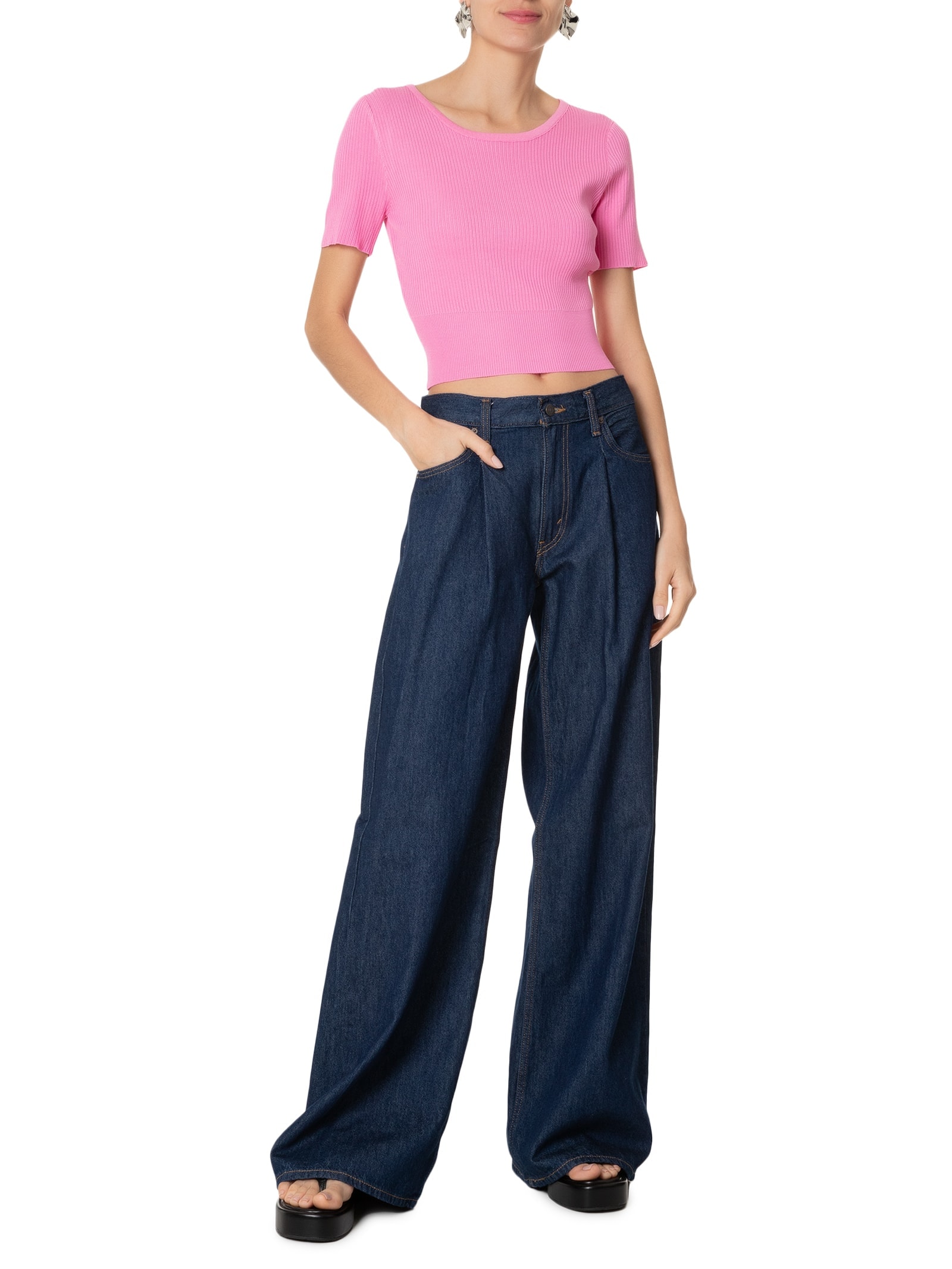 Blusa Feminina Tricot Cropped Manga Curta Rosa Basiq