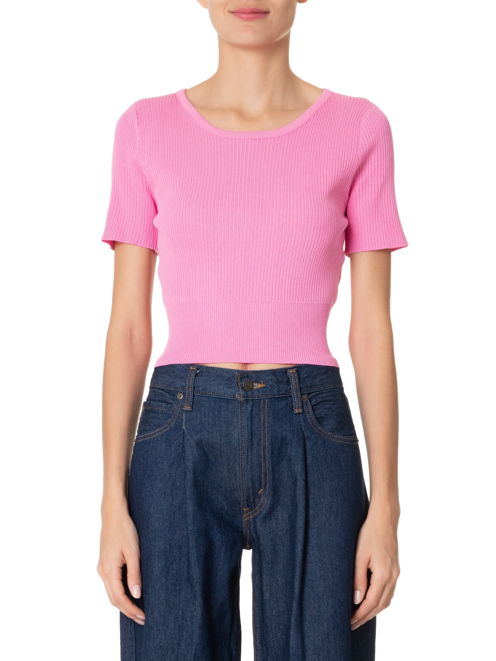 Blusa Feminina Tricot Cropped Manga Curta Rosa Basiq