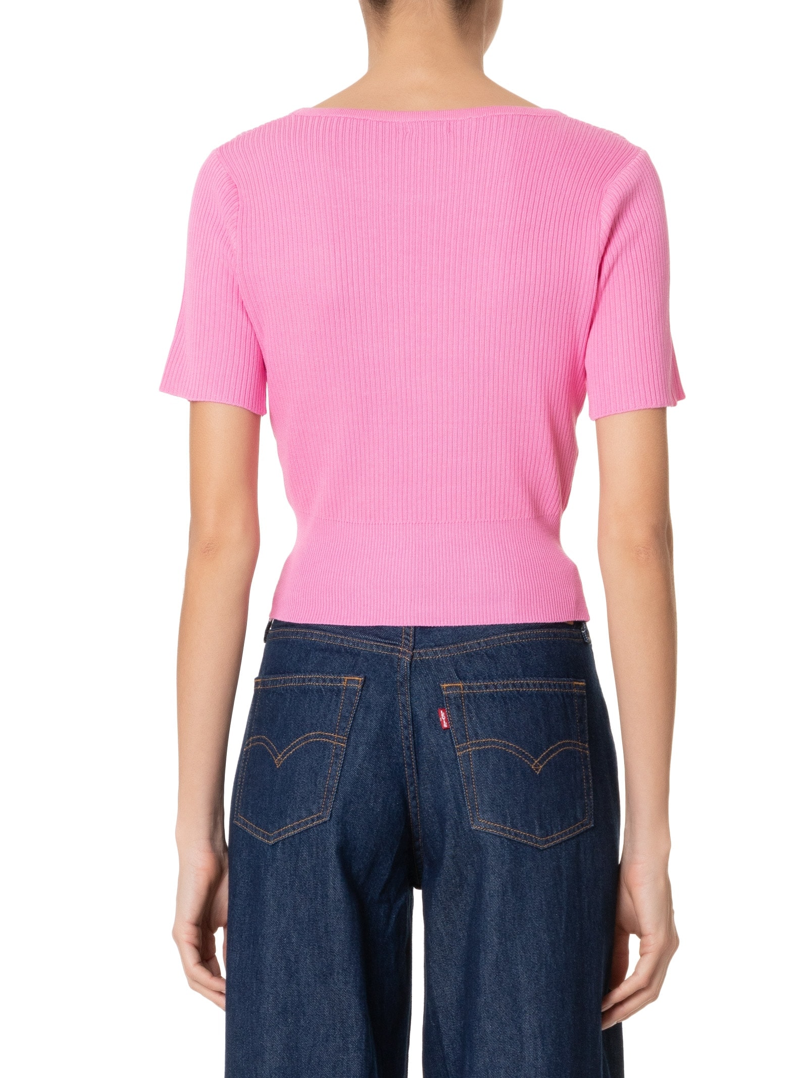 Blusa Feminina Tricot Cropped Manga Curta Rosa Basiq