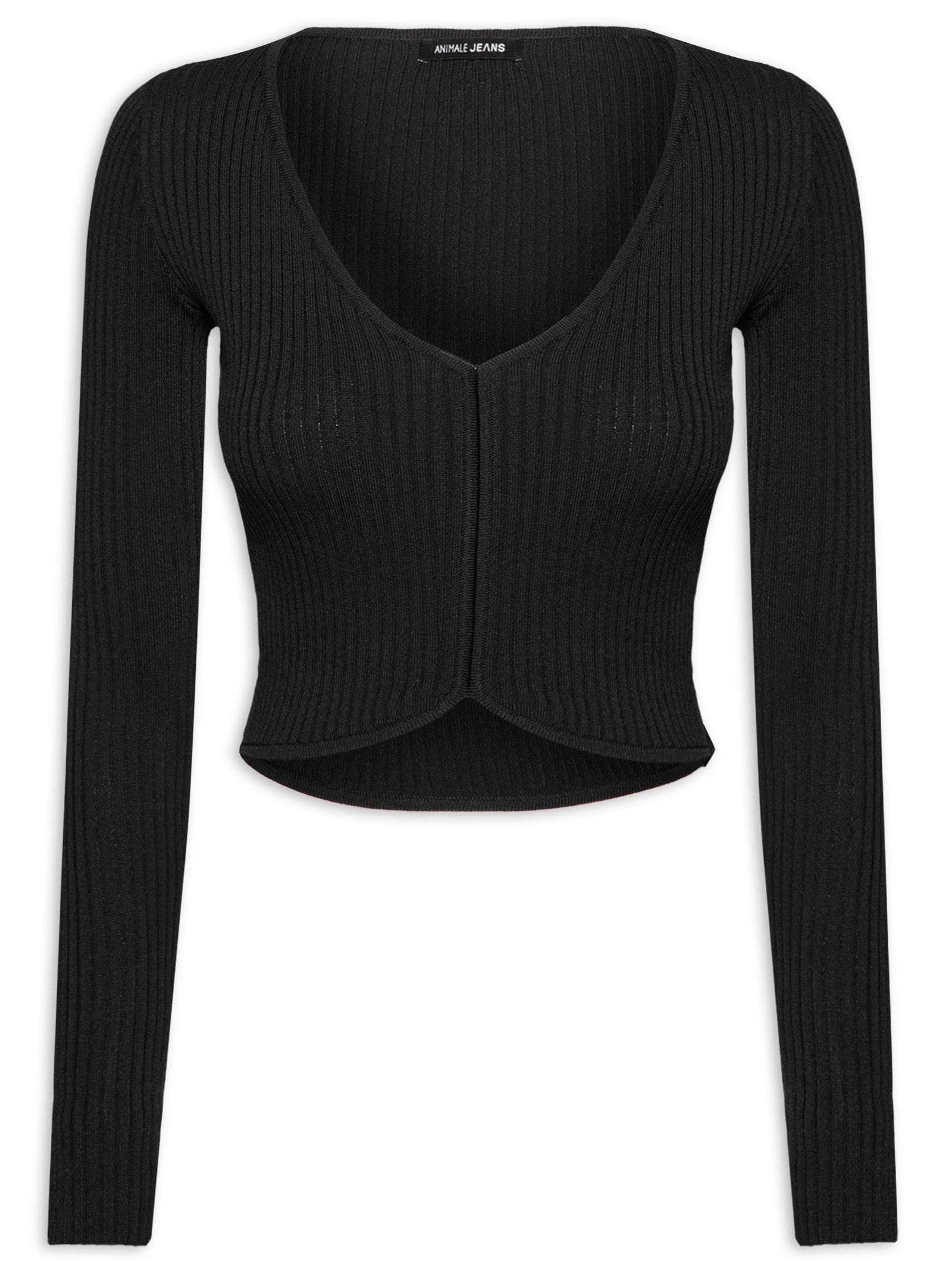 Blusa Feminina Tricot Cropped Manga Longa Preto Animale Jeans
