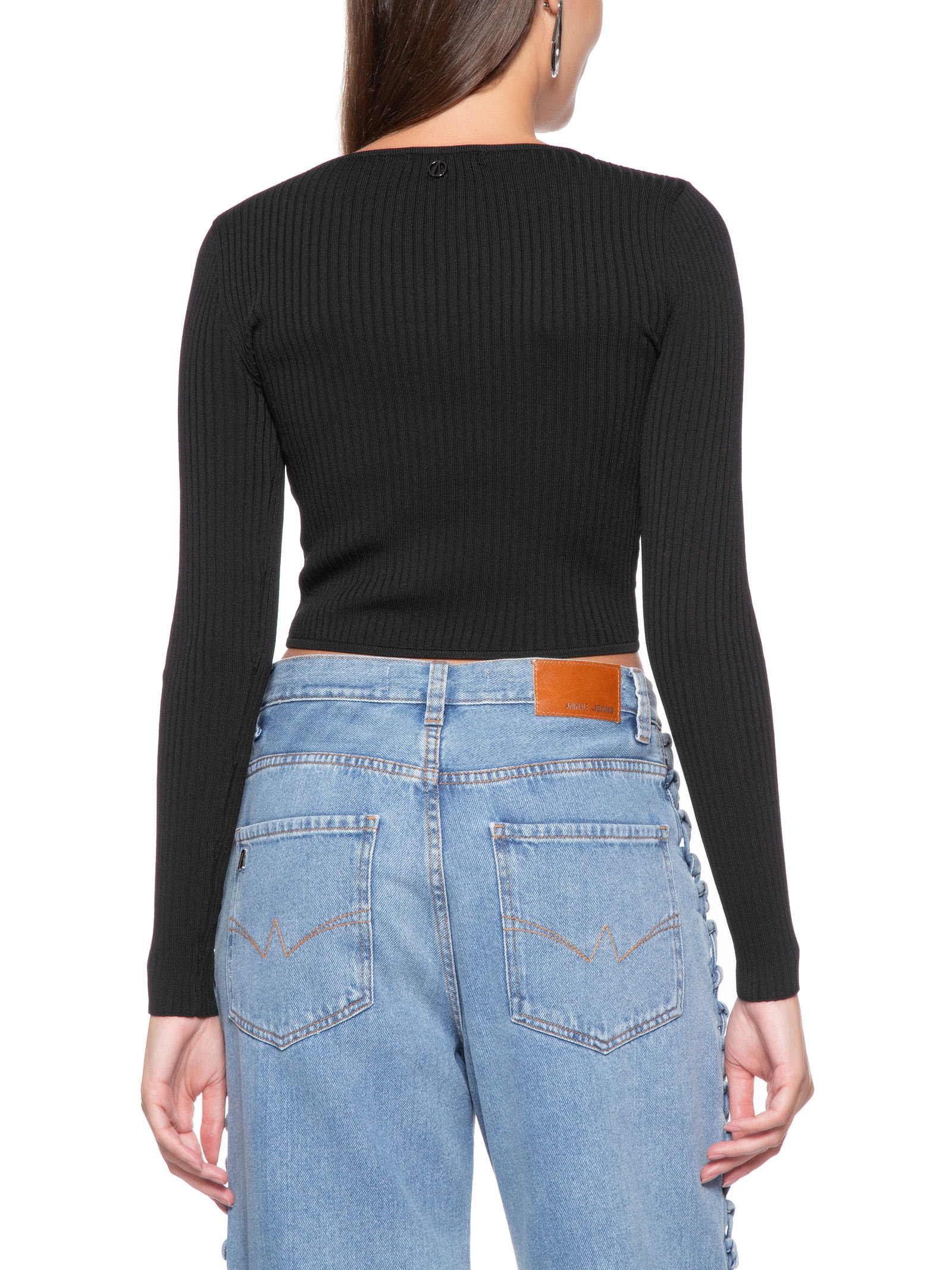 Blusa Feminina Tricot Cropped Manga Longa Preto Animale Jeans