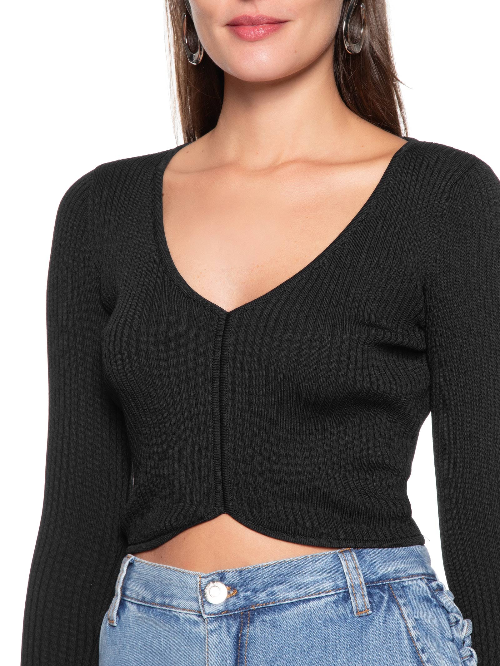 Blusa Feminina Tricot Cropped Manga Longa Preto Animale Jeans