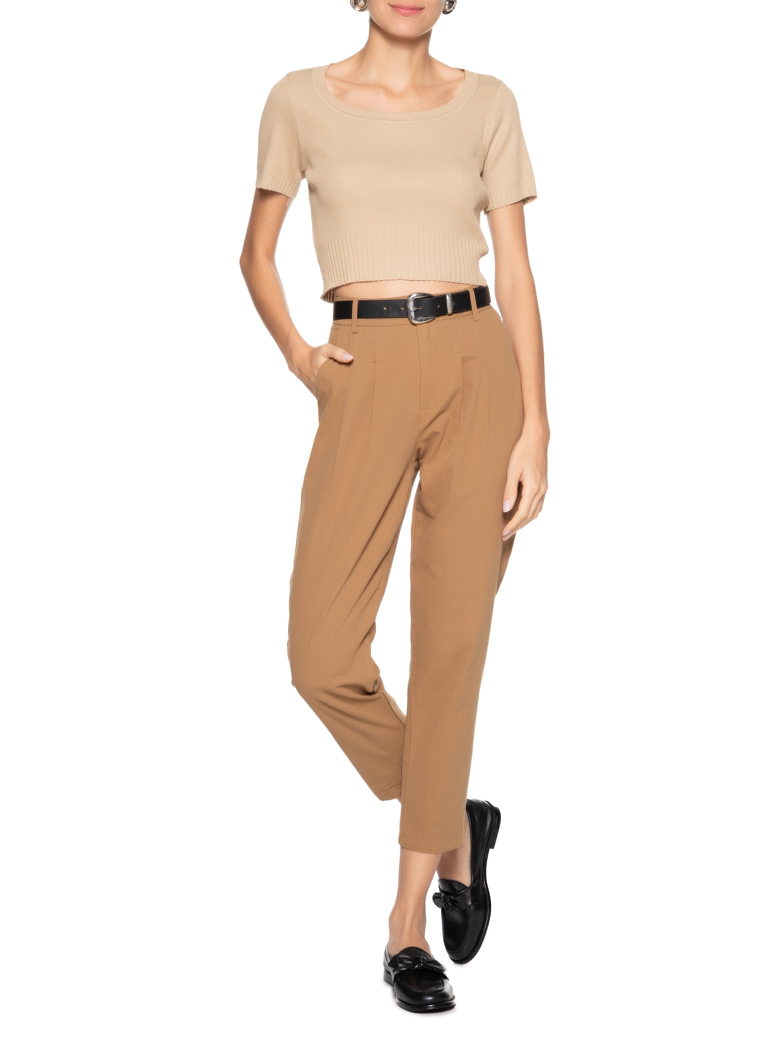 Blusa Feminina Tricot Decote Canoa Bege Basiq