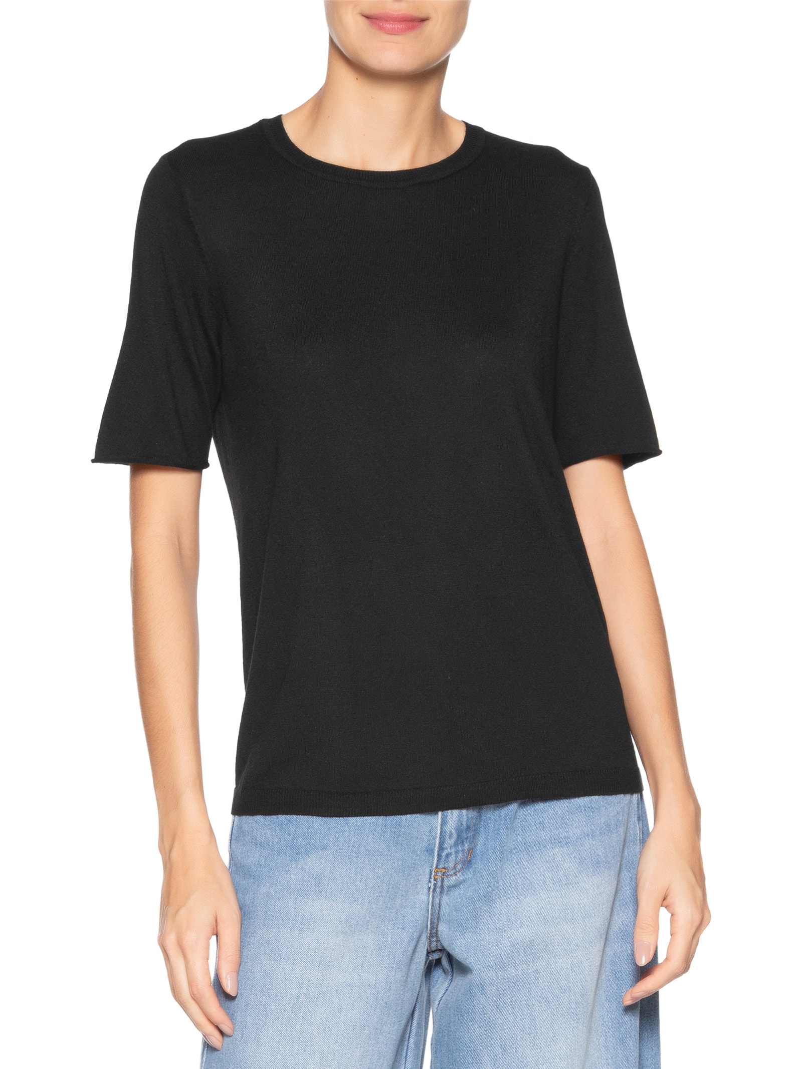 Blusa Feminina Tricot Decote Careca Preto Maria Filó