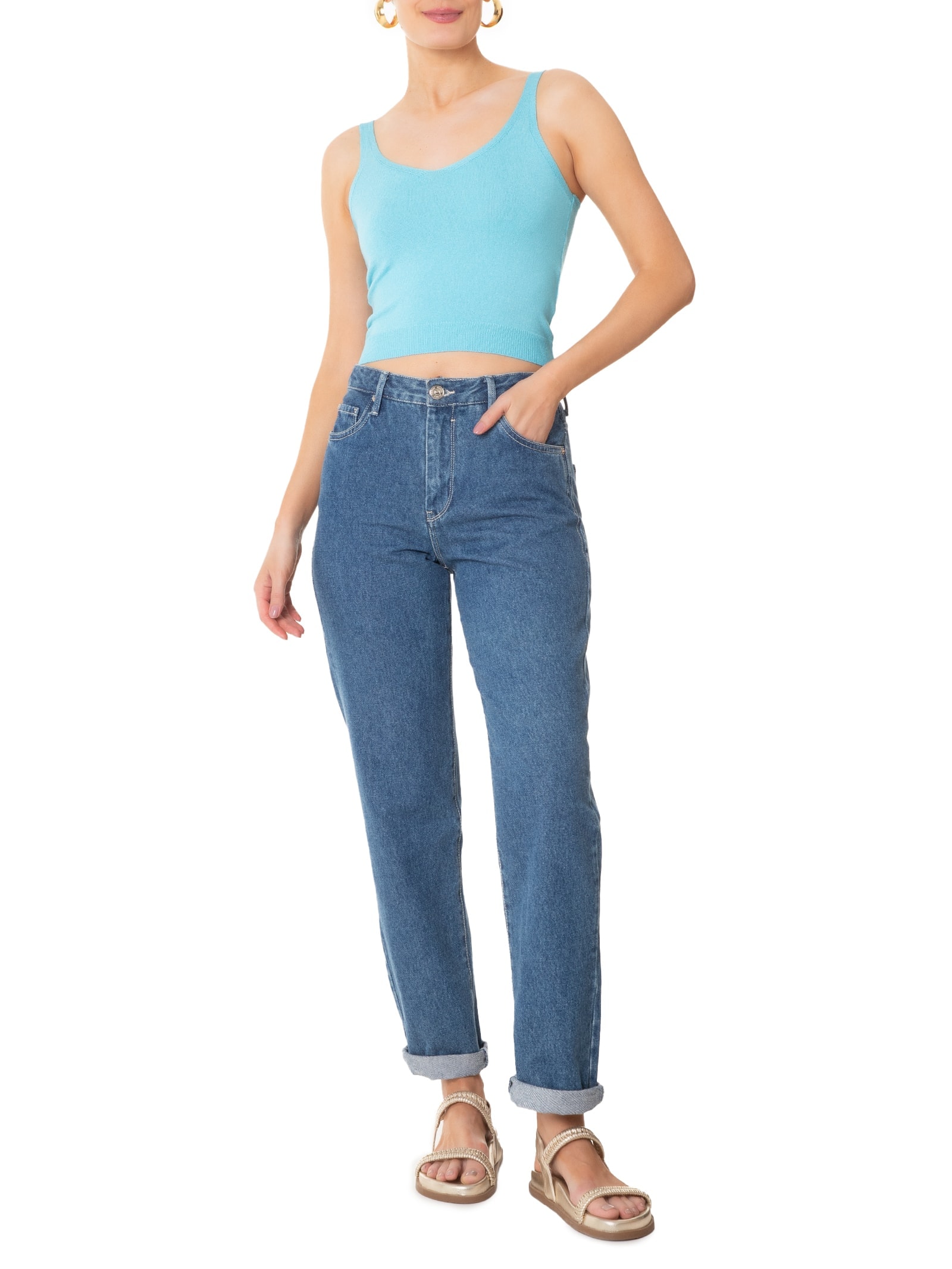 Blusa Feminina Tricot  Decote Em V Azul  Basiq