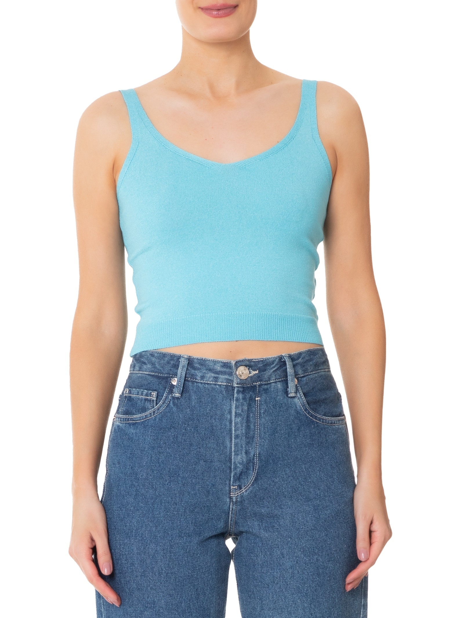 Blusa Feminina Tricot  Decote Em V Azul  Basiq