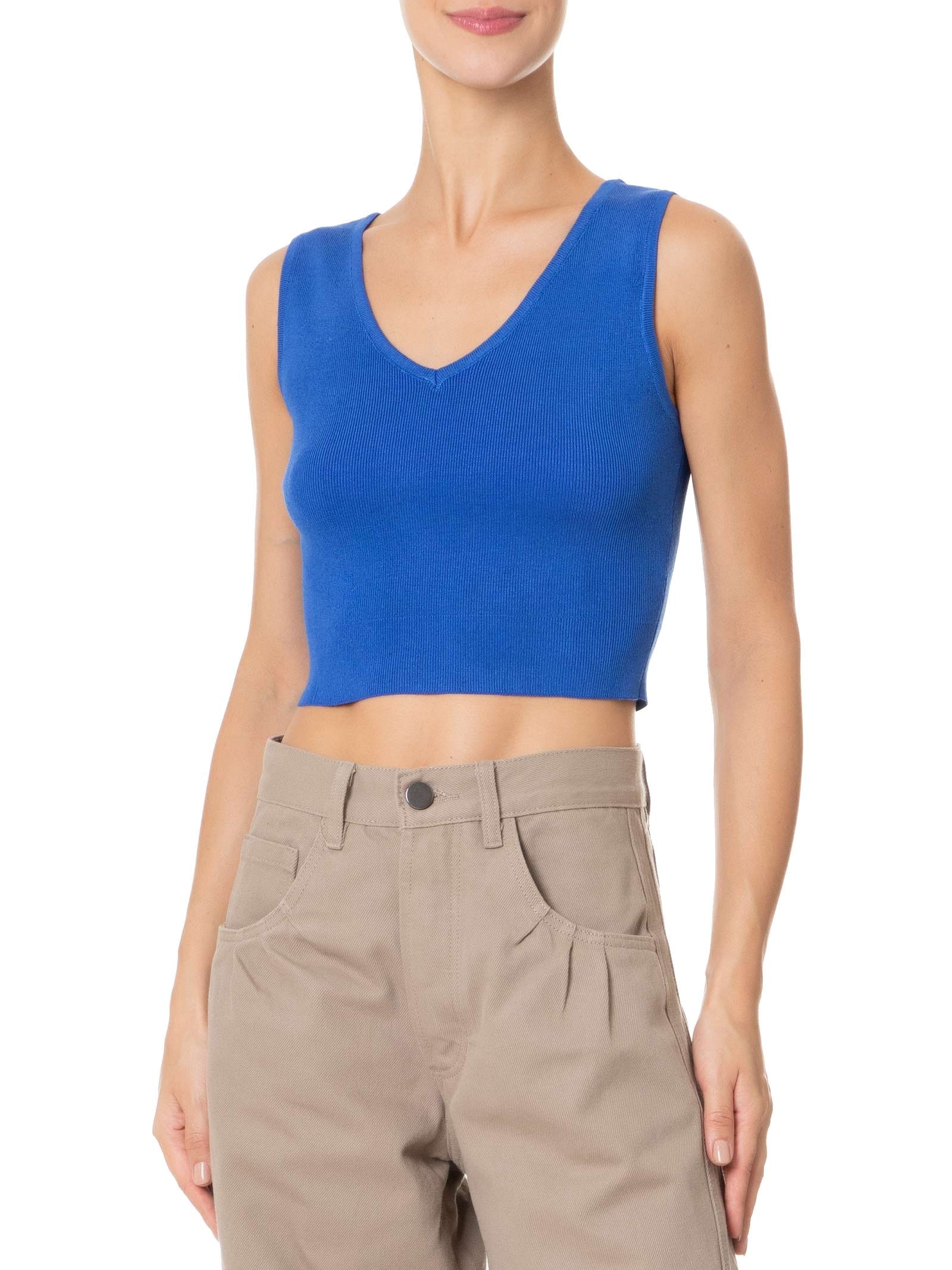 Blusa Feminina Tricot Decote Em V  Azul Basiq