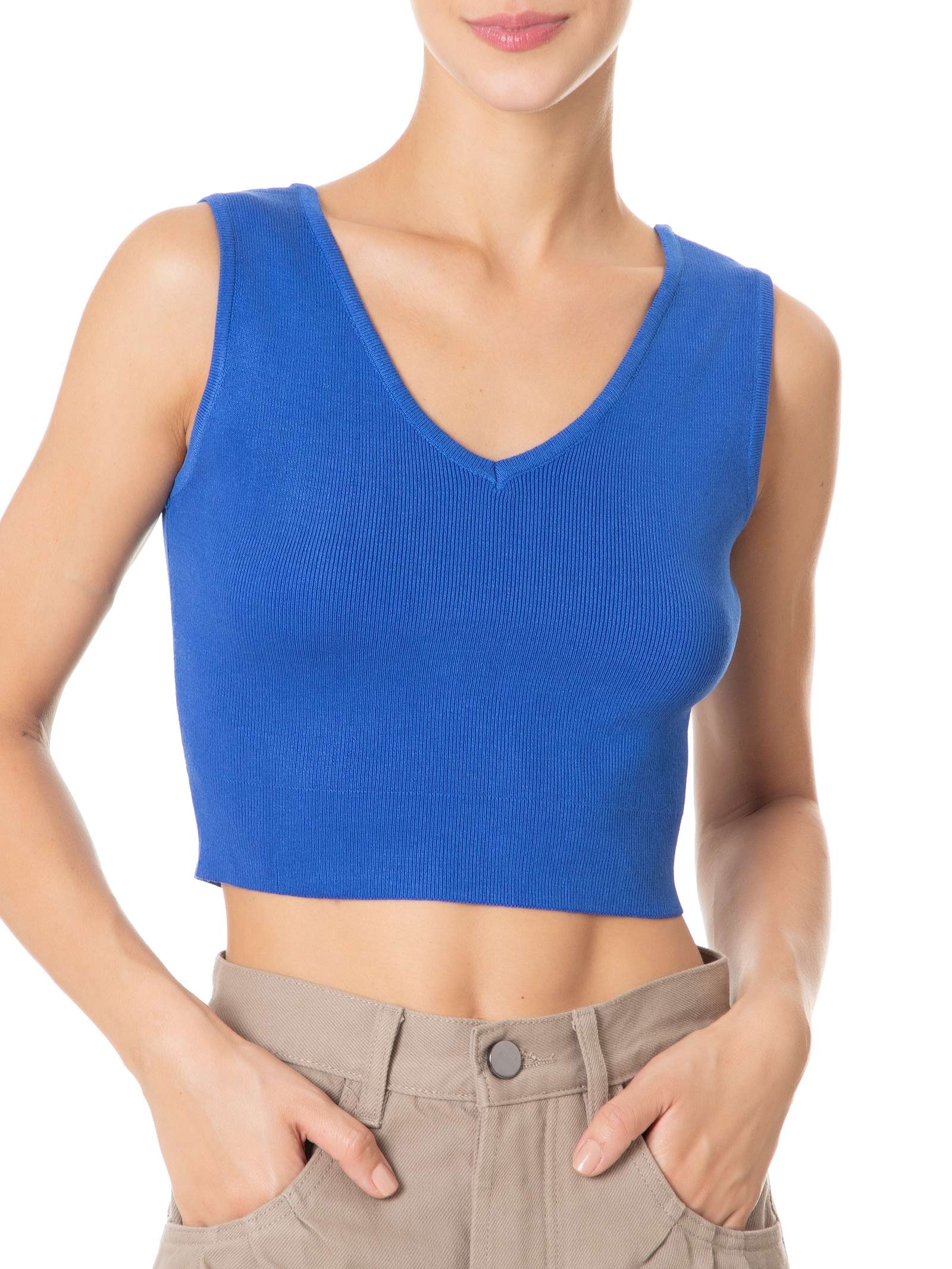 Blusa Feminina Tricot Decote Em V  Azul Basiq