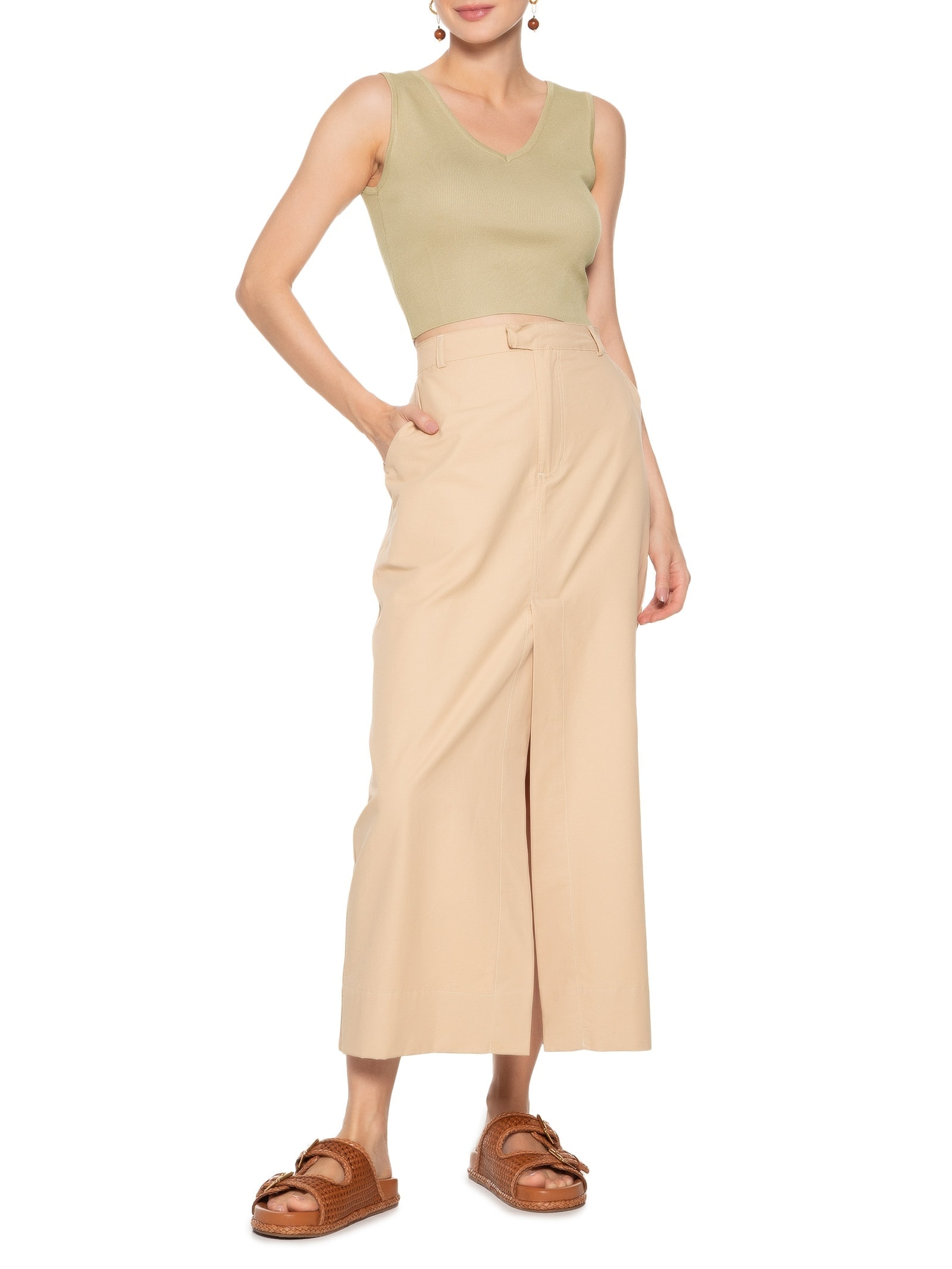 Blusa Feminina Tricot Decote Em V Bege Basiq