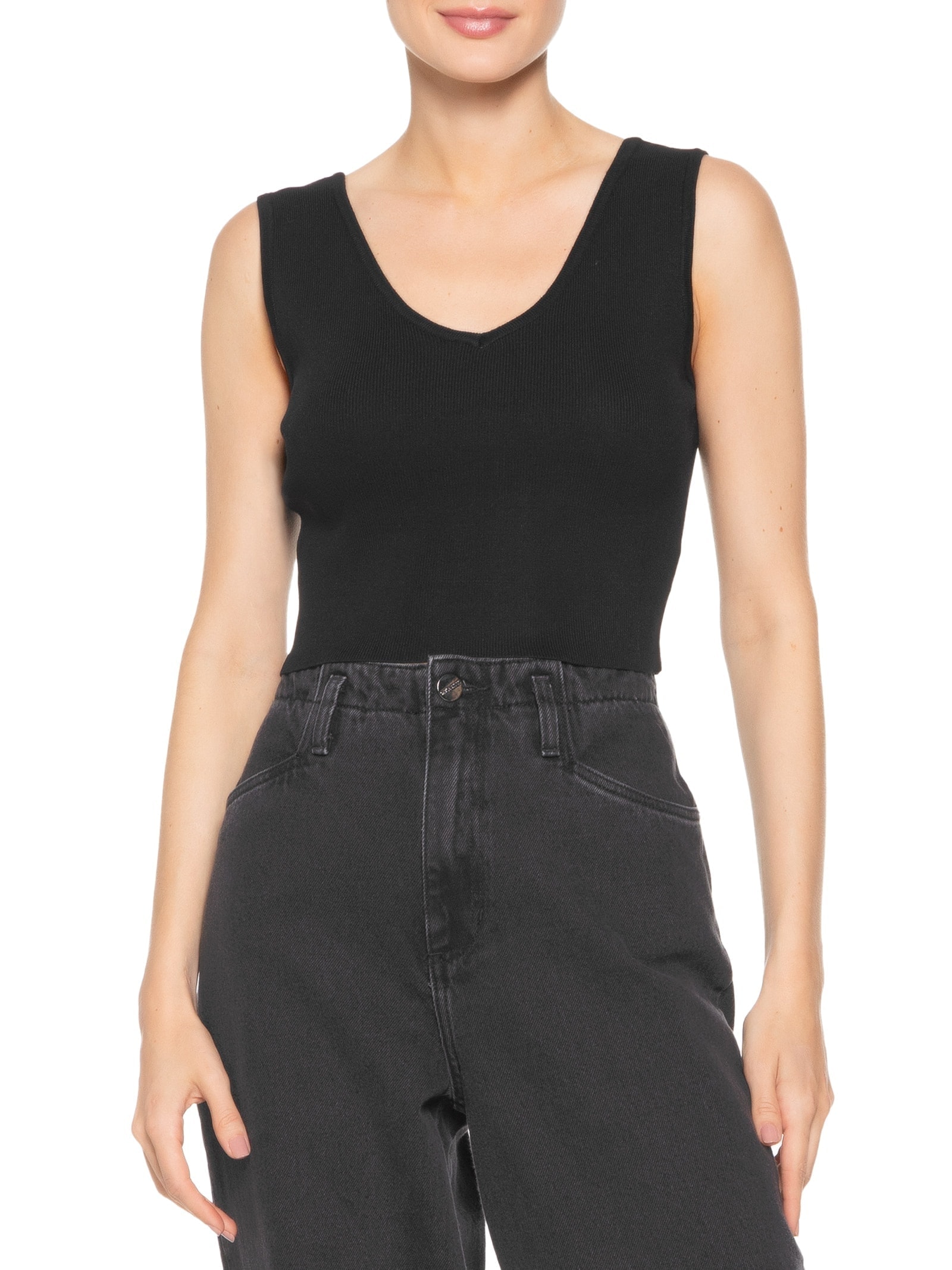 Blusa Feminina Tricot Decote Em V Preto Basiq