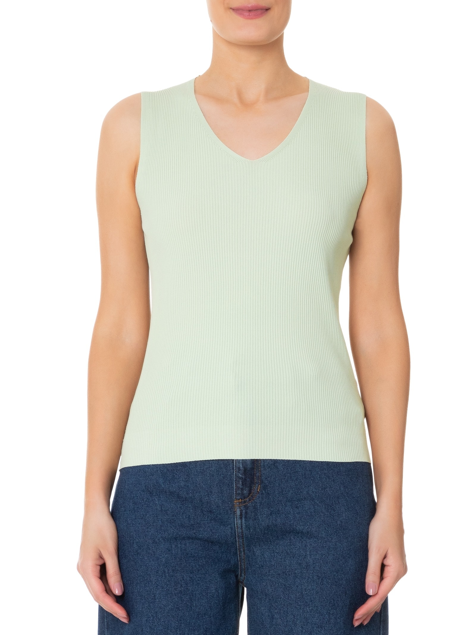 Blusa Feminina Tricot Decote V Sem Manga Verde Basiq