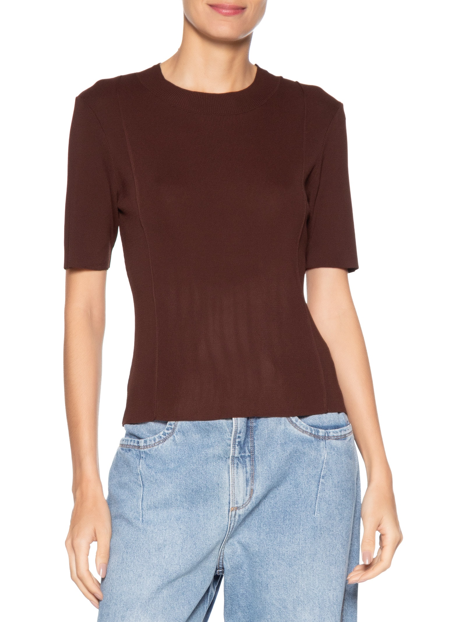 Blusa Feminina Tricot Detalhe Nervura Marrom Basiq