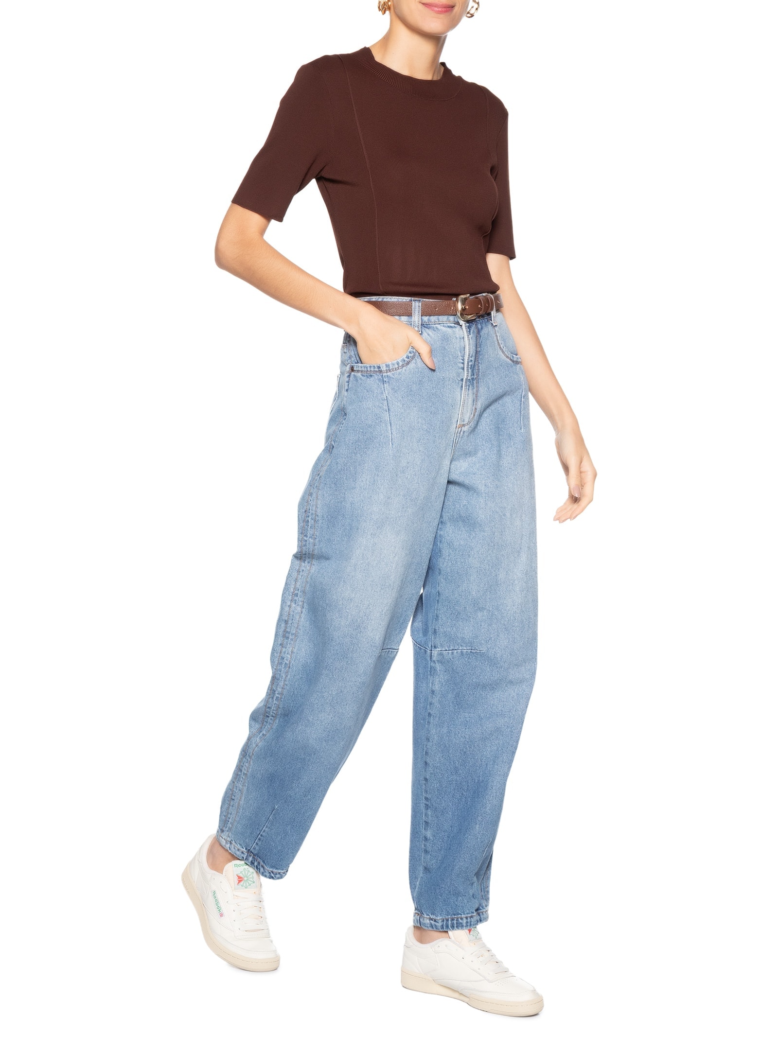 Blusa Feminina Tricot Detalhe Nervura Marrom Basiq