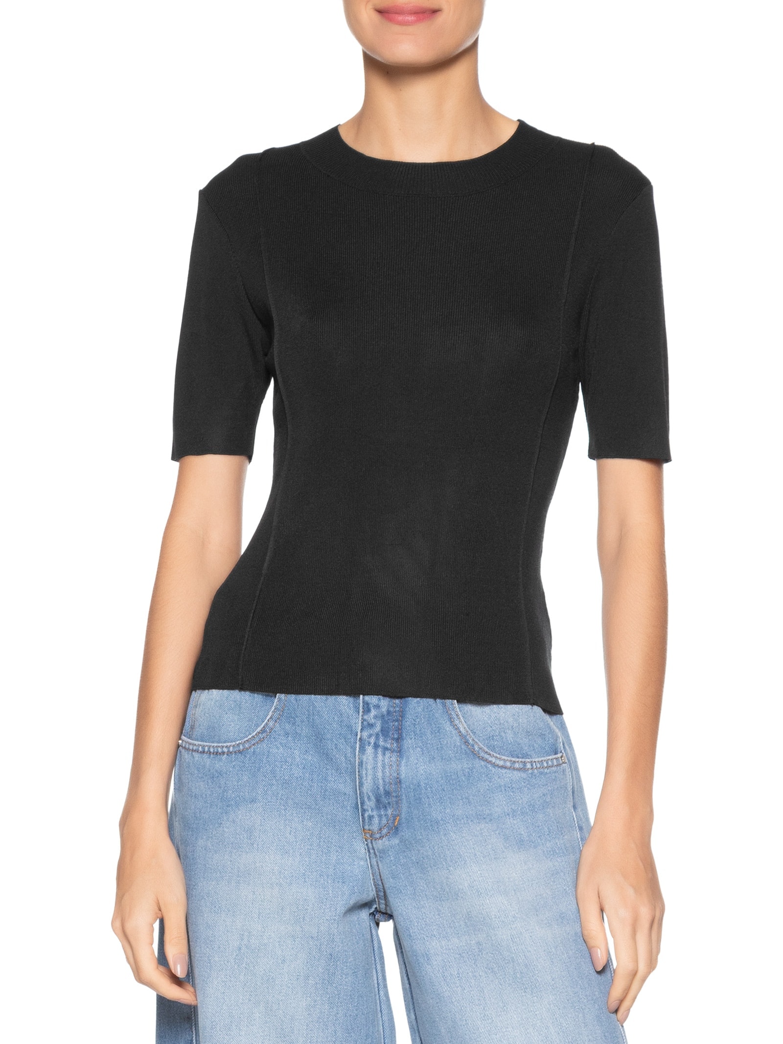 Blusa Feminina Tricot Detalhe Nervura Preto Basiq