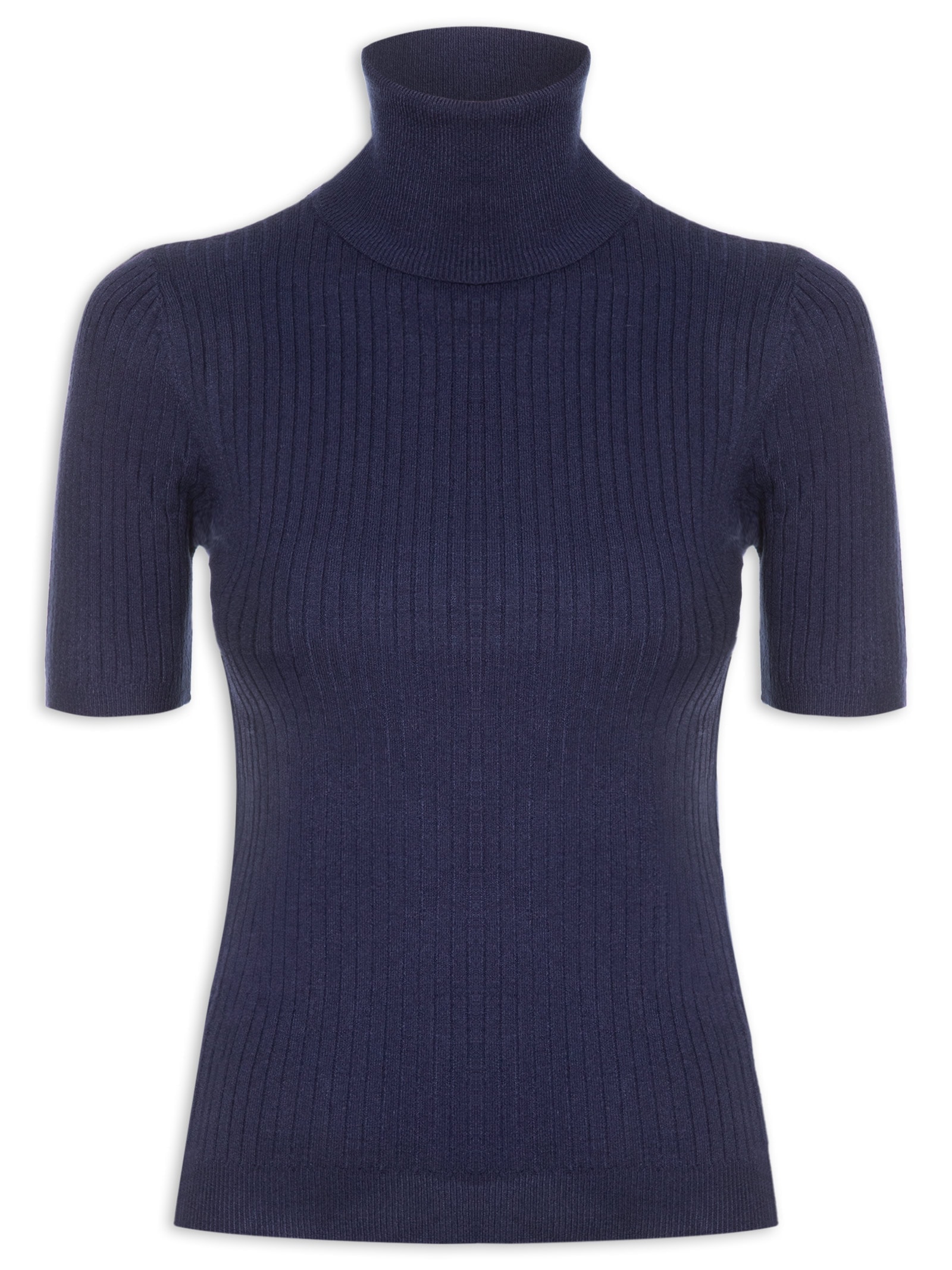 Blusa Feminina Tricot Gola Alta Canelada Manga Curta Azul Basiq