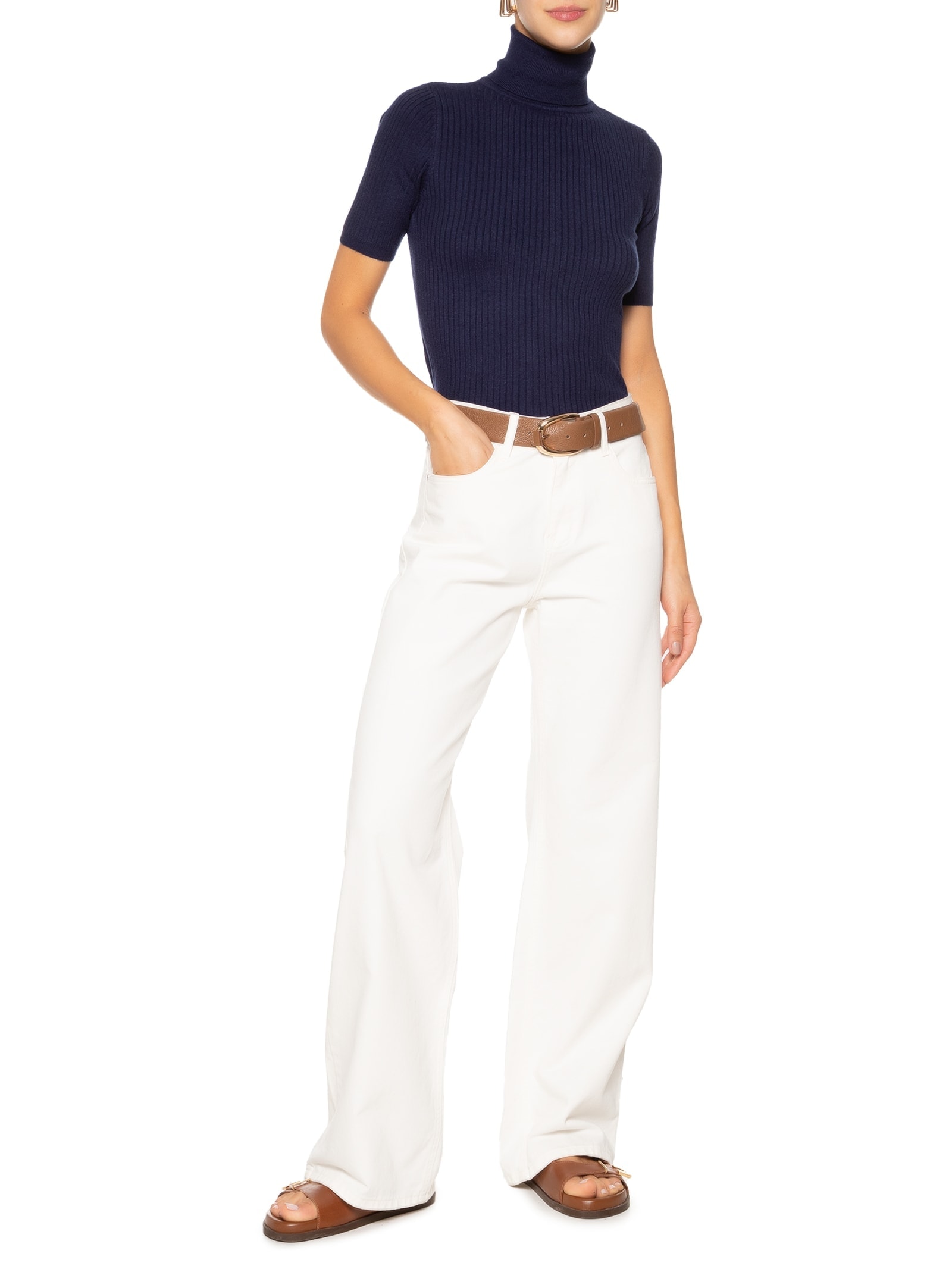 Blusa Feminina Tricot Gola Alta Canelada Manga Curta Azul Basiq