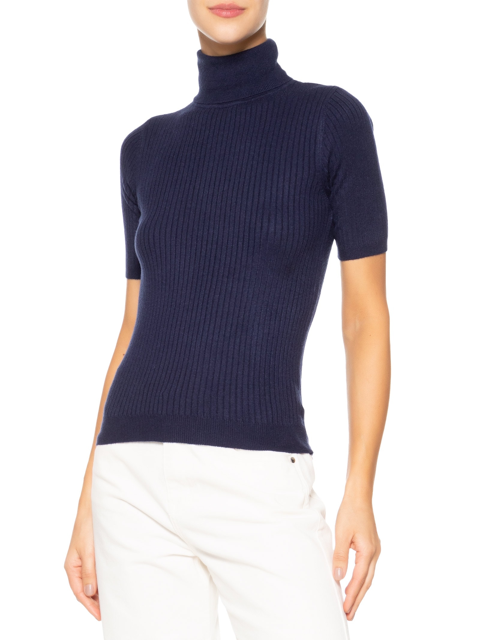 Blusa Feminina Tricot Gola Alta Canelada Manga Curta Azul Basiq