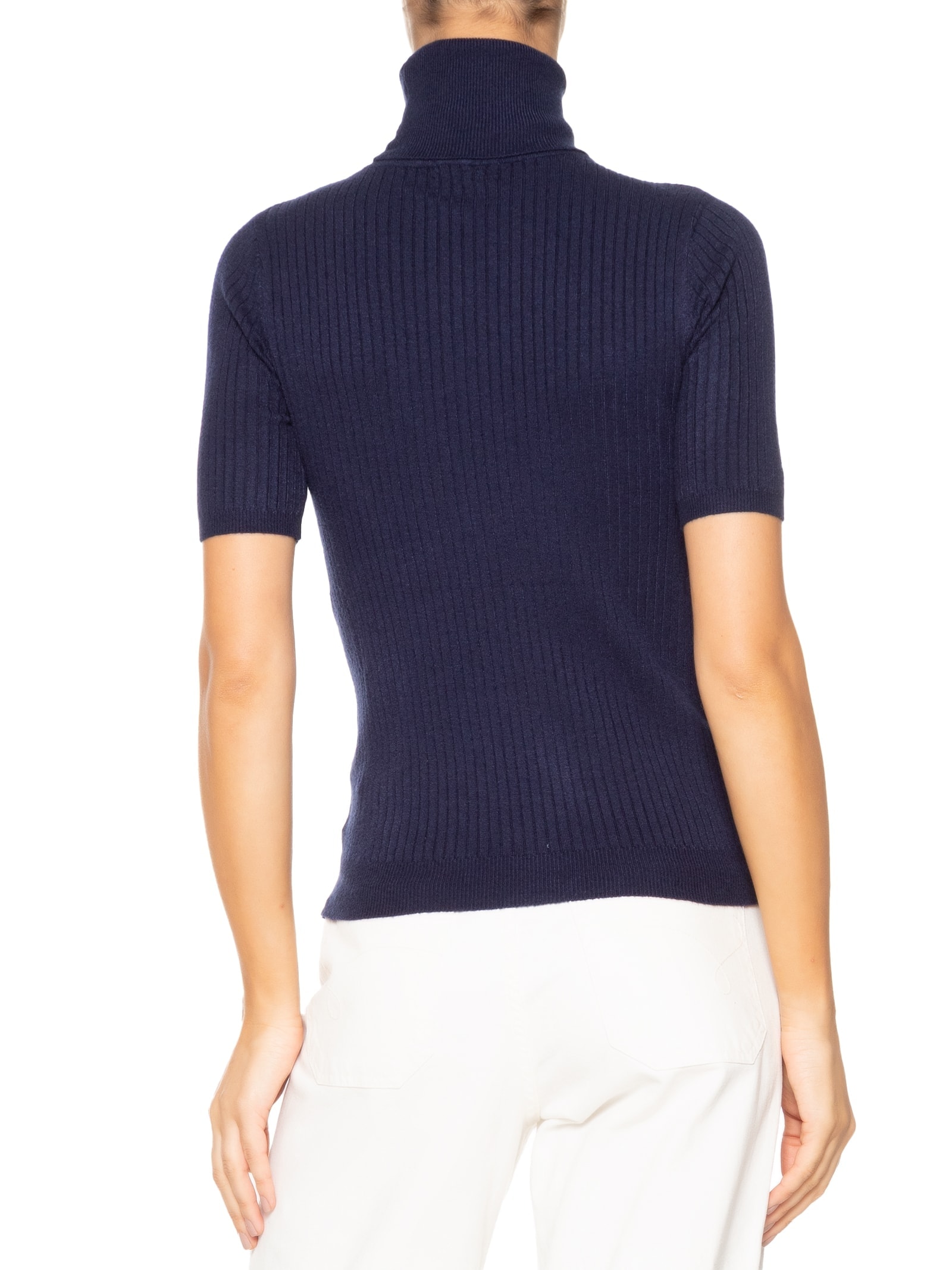 Blusa Feminina Tricot Gola Alta Canelada Manga Curta Azul Basiq