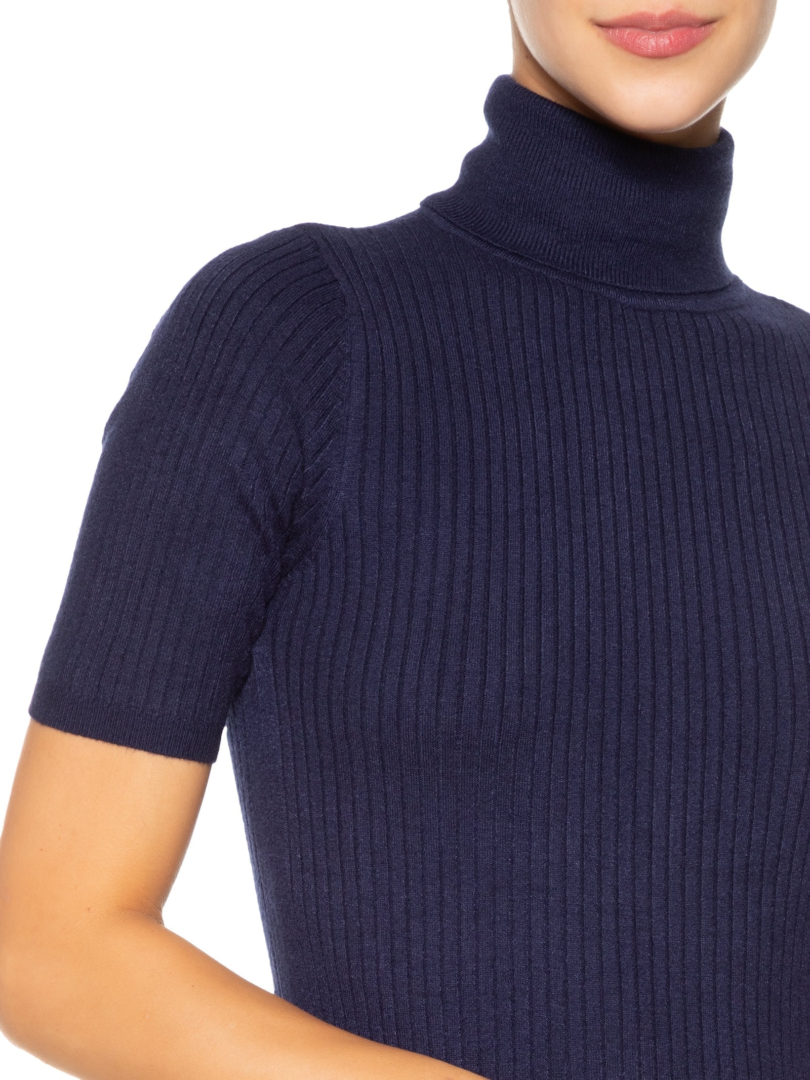 Blusa Feminina Tricot Gola Alta Canelada Manga Curta Azul Basiq