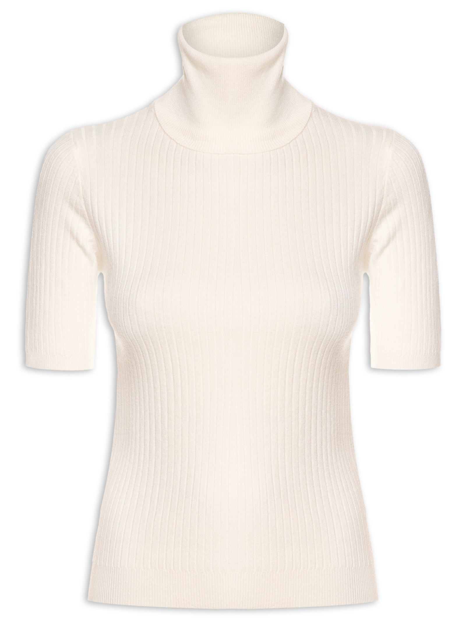 Blusa Feminina Tricot Gola Alta Canelada Manga Curta Bege  Basiq