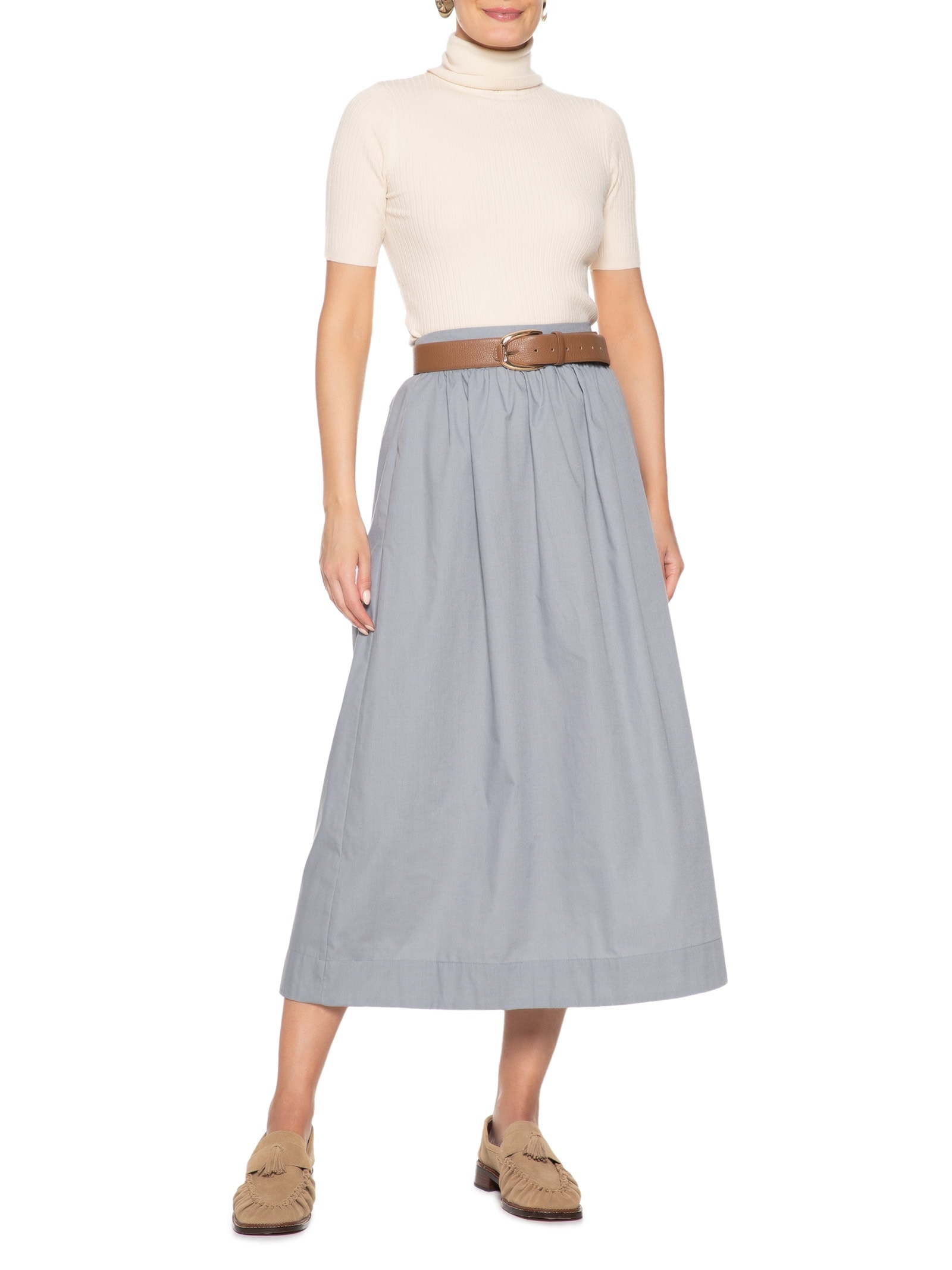 Blusa Feminina Tricot Gola Alta Canelada Manga Curta Bege  Basiq