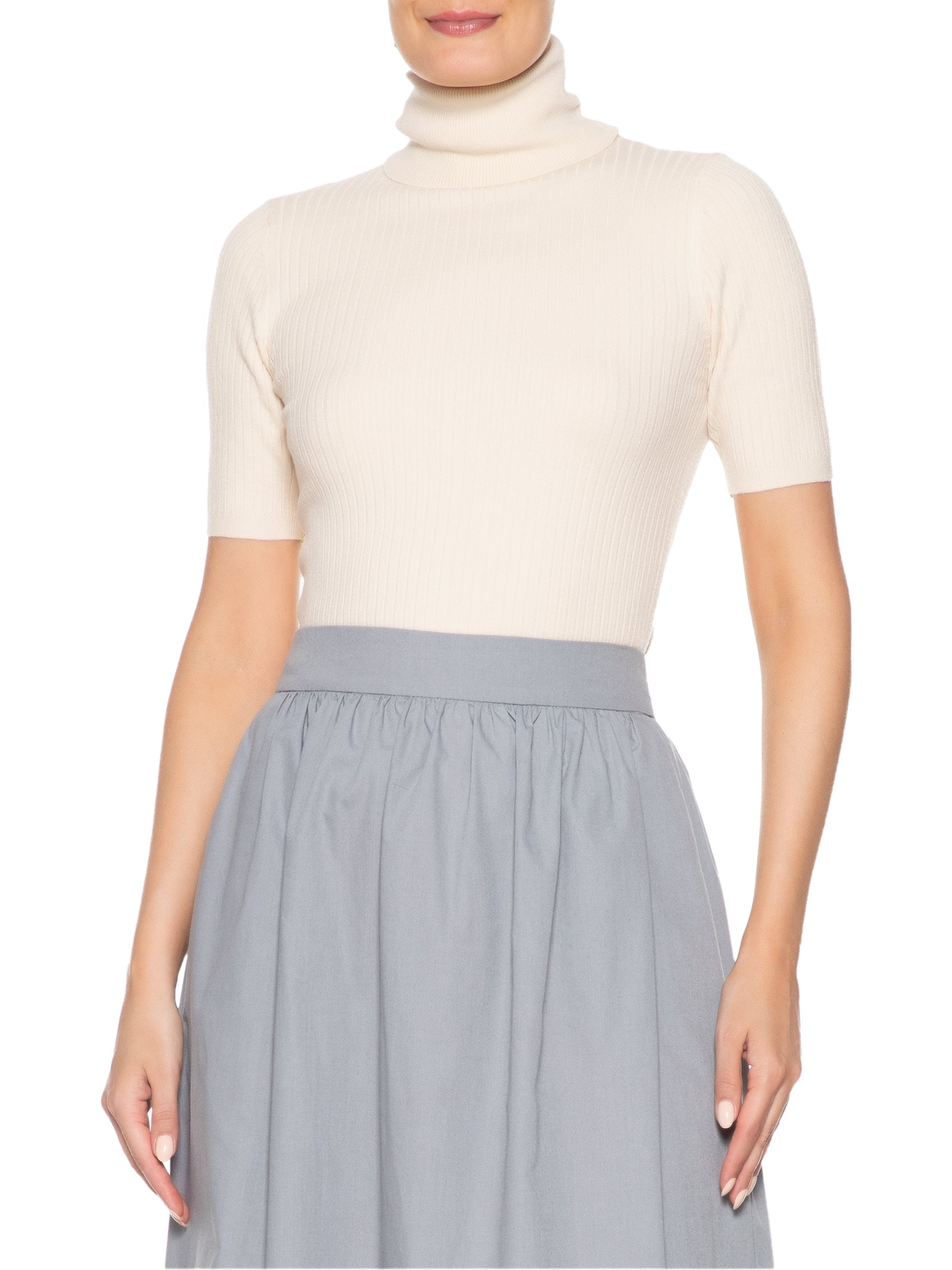 Blusa Feminina Tricot Gola Alta Canelada Manga Curta Bege  Basiq